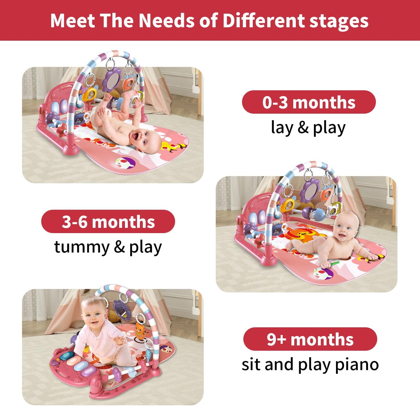 Baby Gym Play Mat, Piano Kick and Play Lights and Music Tummy Time Toys Infant Musical Activity Gym Mat for Visual, Hearing, Sensory, Gift Suitable for Newborns Aged 0 to 3 6 9 12 Months (Pink)