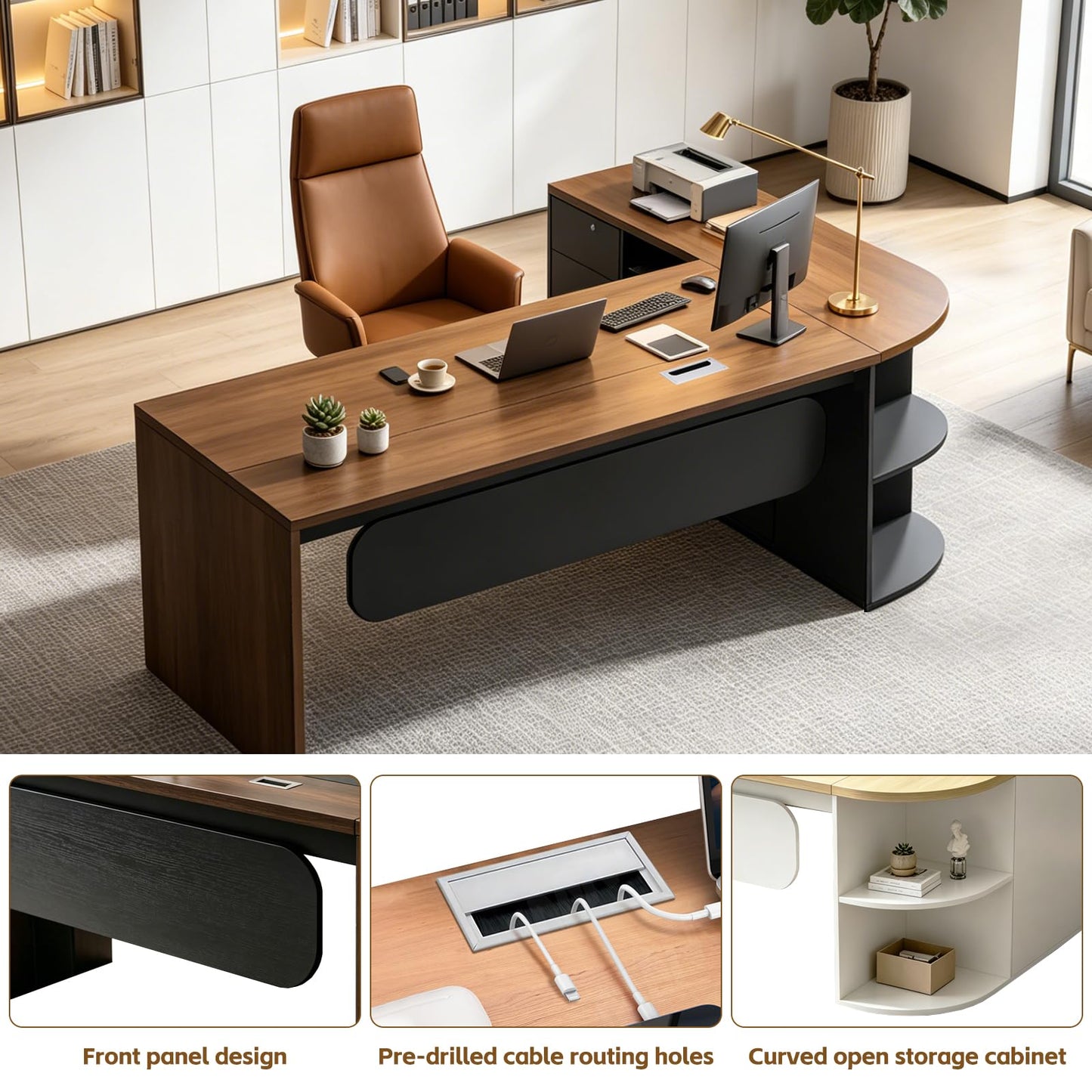 SimpArt Executive L-Shaped Office Desk with Storage Shelves, Modern Executive Desk with Curved Edge, Large Workstation Desk for Home Office, Business Office Furniture
