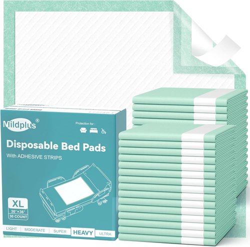 MILDPLUS Disposable Bed Pads - Extra Large 30''x36'' Incontinence Underpads with Adhesive Strips - 30 Count