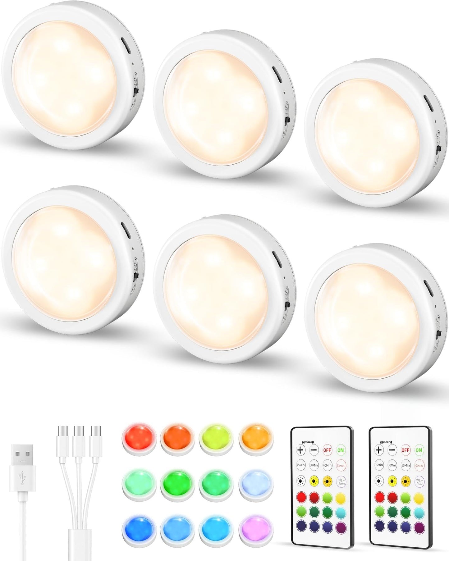 EZVALO 6-Pack Rechargeable Puck Lights with Remote, Under Cabinet Lighting, 2.95'' Mini Tap Lights, Closet Light, 16 RGB Colors & 3 Color Temperatures, Dimmable Stick-On Lights for Kitchen, Shelf