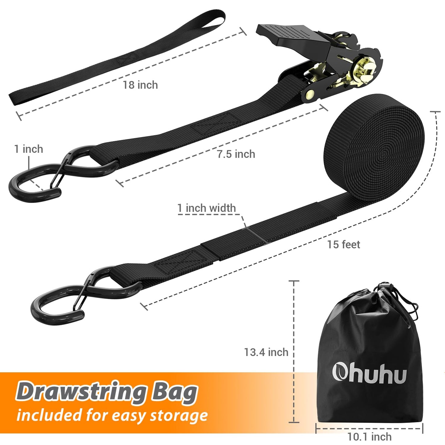 Ratchet Tie Down Straps with Safety Clip 4-Pack 1" x 15' & 4 Soft Loops - 500 lbs Load Cap 1500 lbs Breaking Limit, Ohuhu Ratchet Tie Downs Logistic Cargo Straps for Moving Appliances, Motorcycle