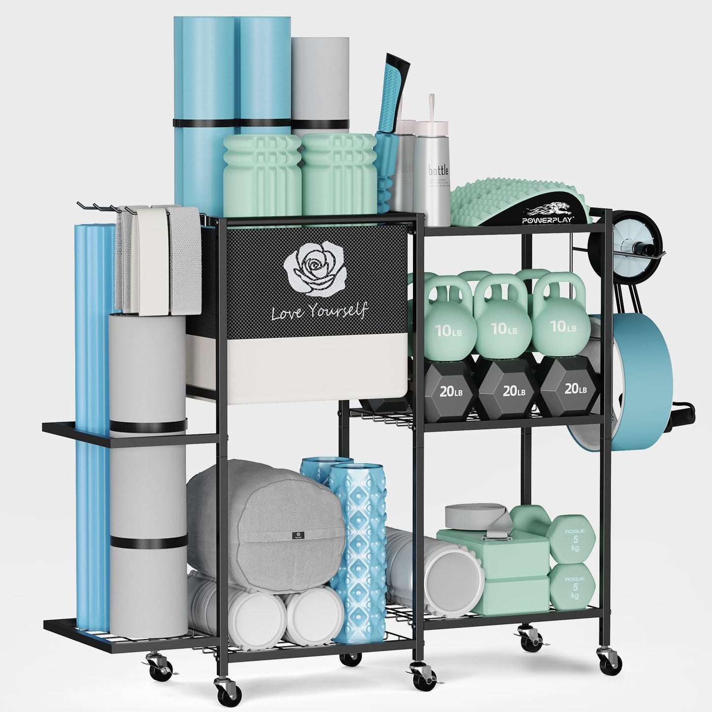 Yoga Mat Storage Rack，Home Gym Storage Rack Gym Workout Equipment Storage Organizer Fitness Weight Rack on Wheels for Yoga Mat,Yoga Block,Foam Roller,Resistance Band,Dumbbell,Kettlebell (Large Dark)