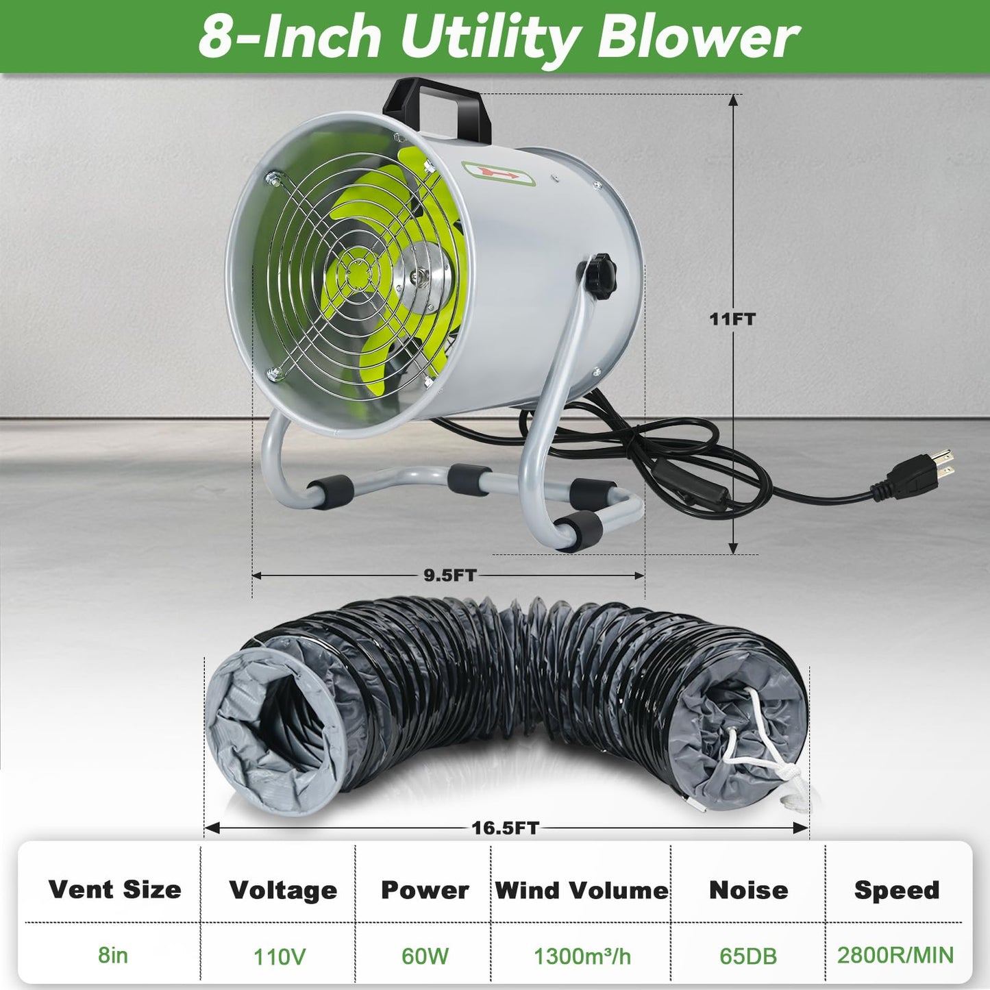 Bghdas Utility Blower, Ventilation Fan 8 Inch, Exhaust Fan with 16.4FT Duct Hose, 2800RPM High Speed Low Noise Utility Blower for Industrial Welding, Paint Booths, Basement and Warehouses etc.