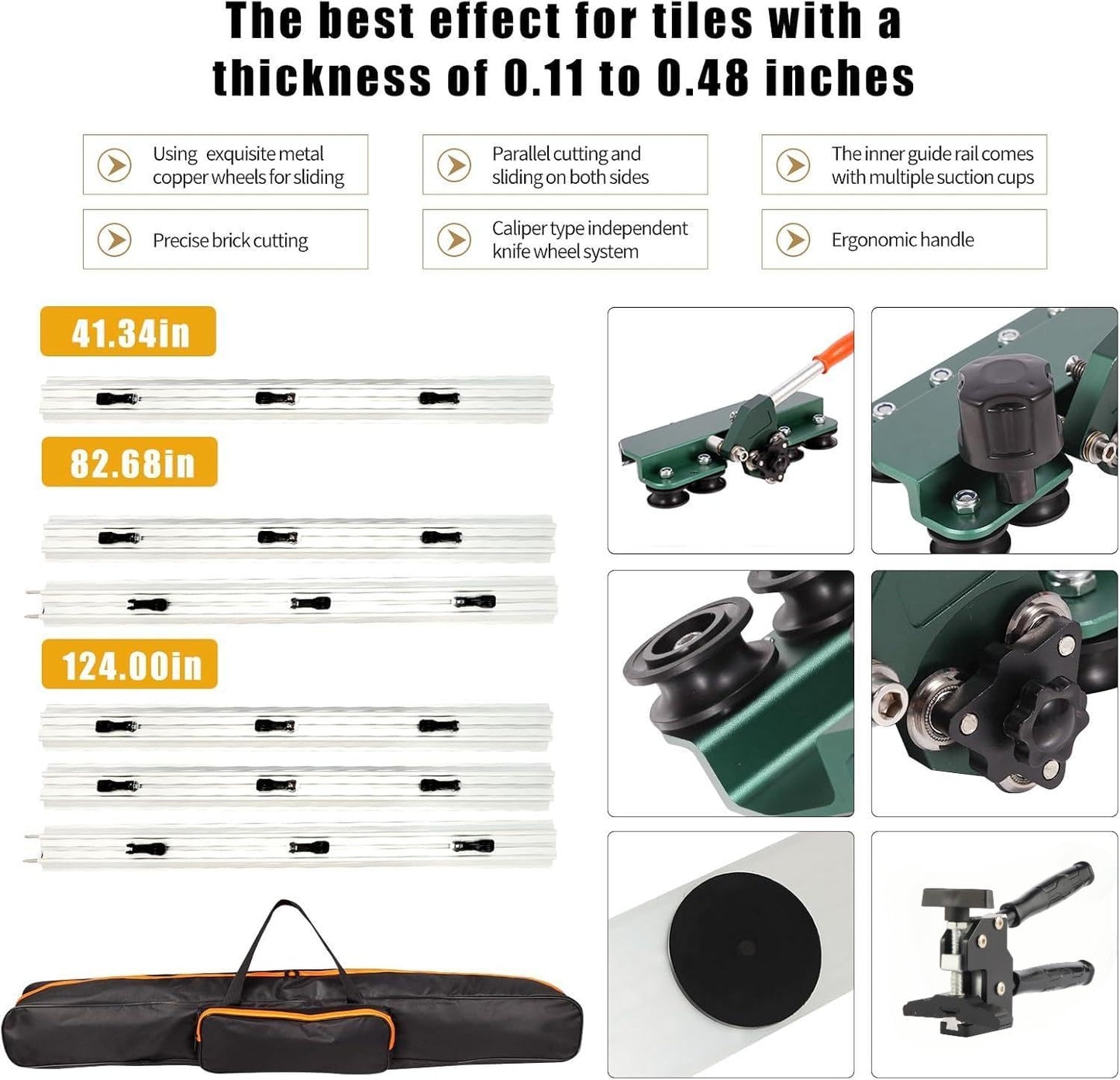 110" Large FormatTile Cutter, Manual Ceramic Tile Cutting Tool with Built-in Suction Cups & Tile Clamp, 3-Head Scoring Wheel System, for Up to 0.47-Inch Thick Tiles