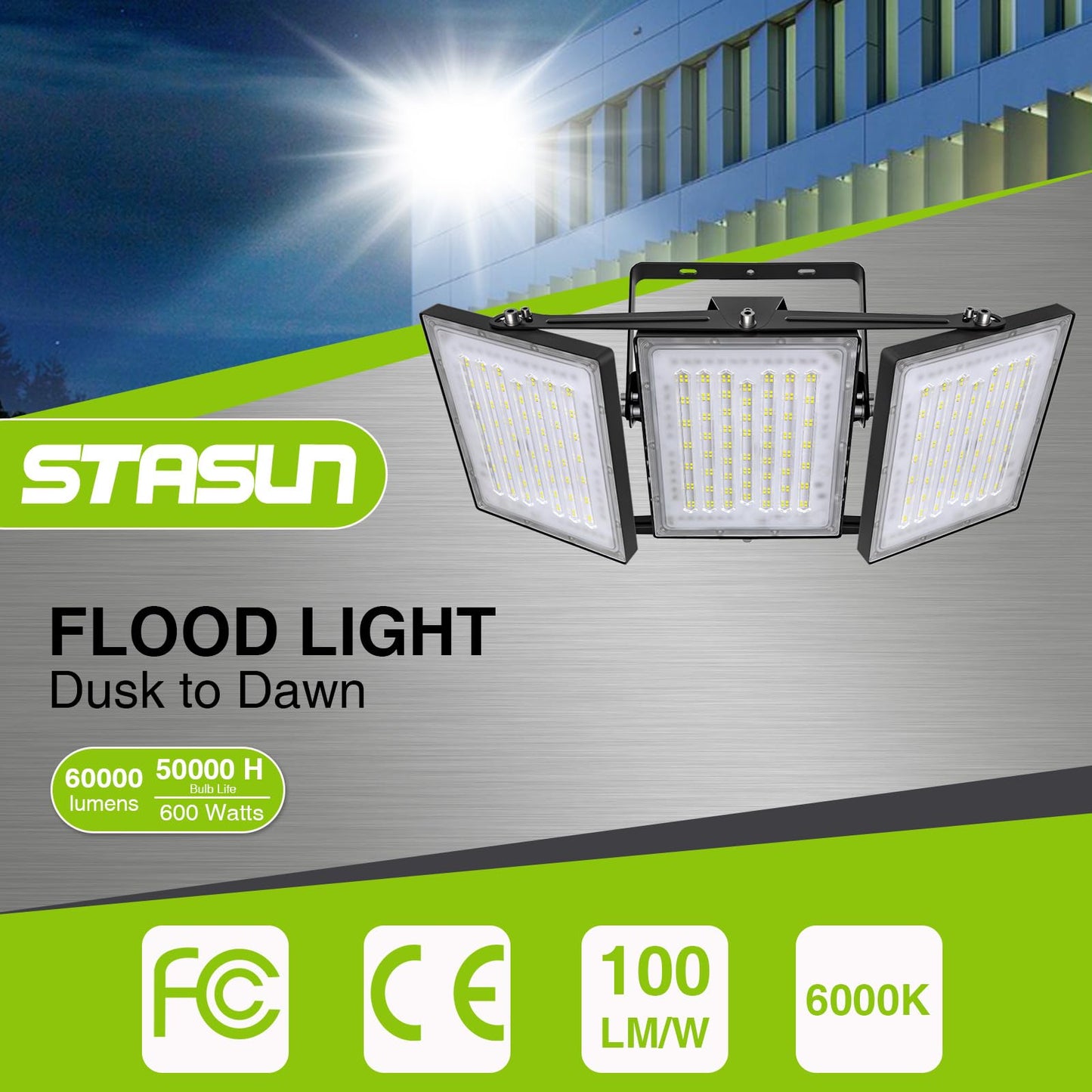 STASUN Flying Series Max - 600W 60,000ml Dusk to Dawn LED Flood Light, 6000K Super Bright Outdoor Lighting, IP66 Waterproof, Wide Angle, Stadium Light for Arena Court Parking Lot