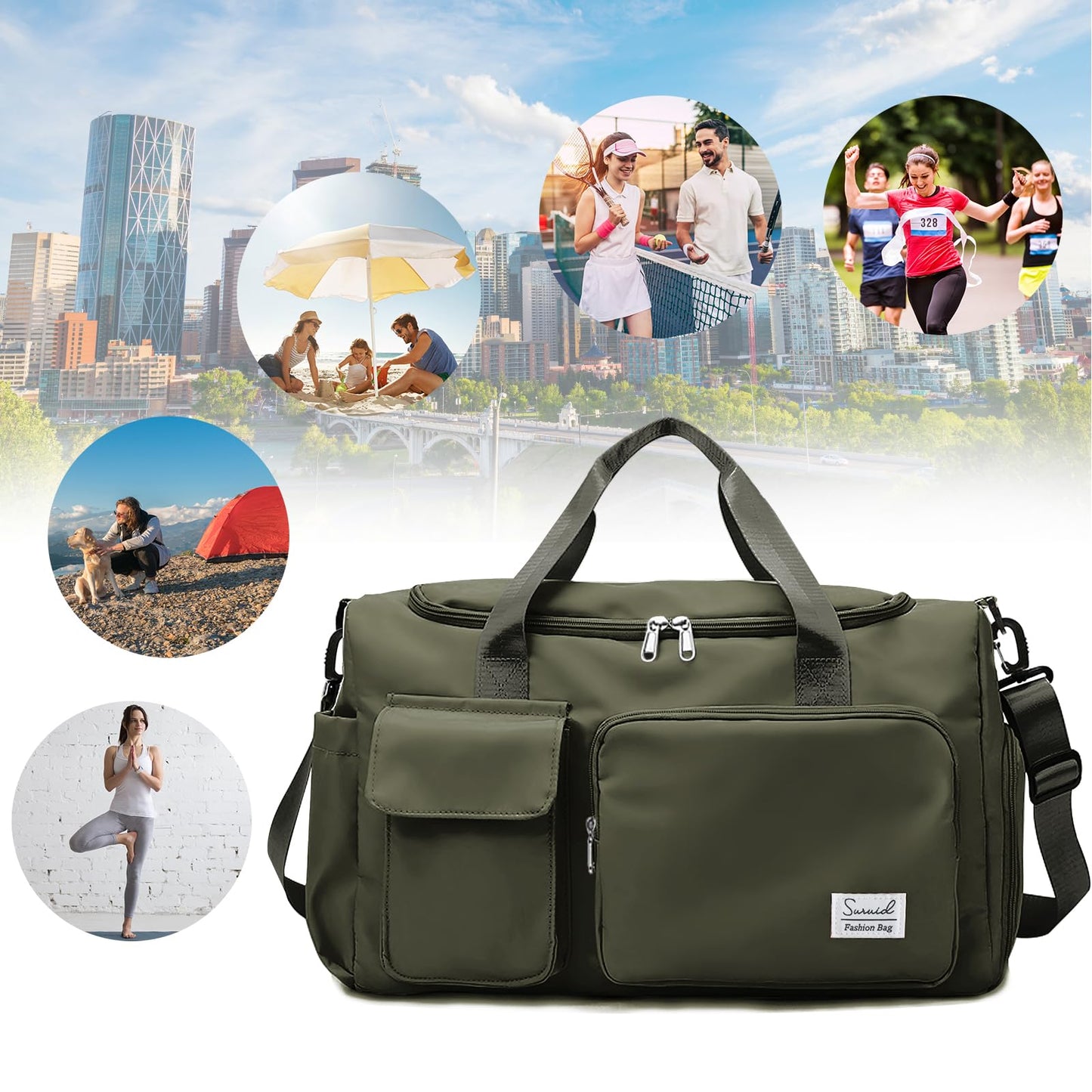 Suruid Travel Duffel Bag with Shoes Compartment Sports Gym Bag with Dry Wet Separated Pocket for Men and Women, Overnight Bag Weekender Bag Training Handbag Yoga Bag - Olive Green