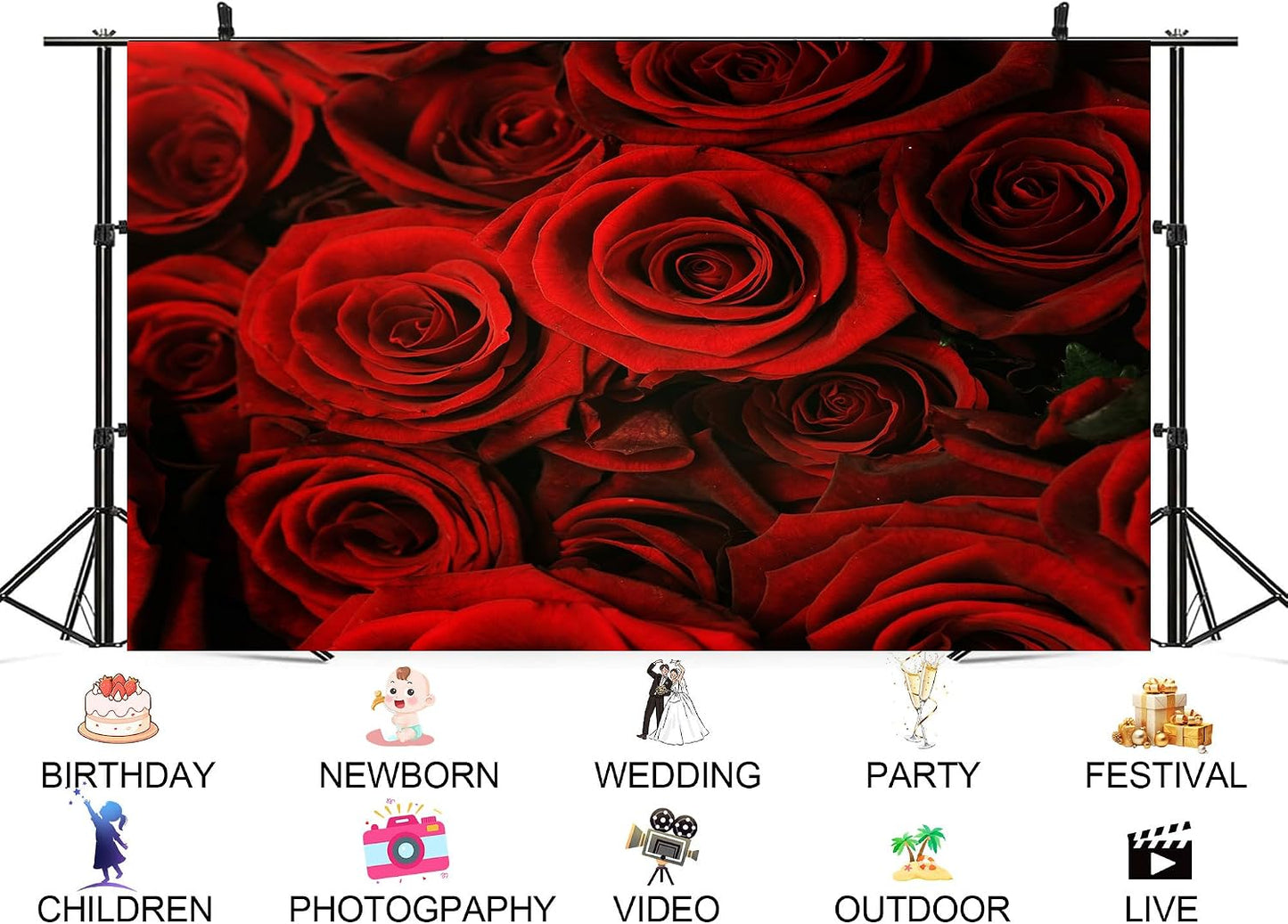 UPXIO 10x8ft Luxury Red Rose Bouquet Backdrop Dense Floral Blooms Photo Background Tapestry for Wedding Anniversary