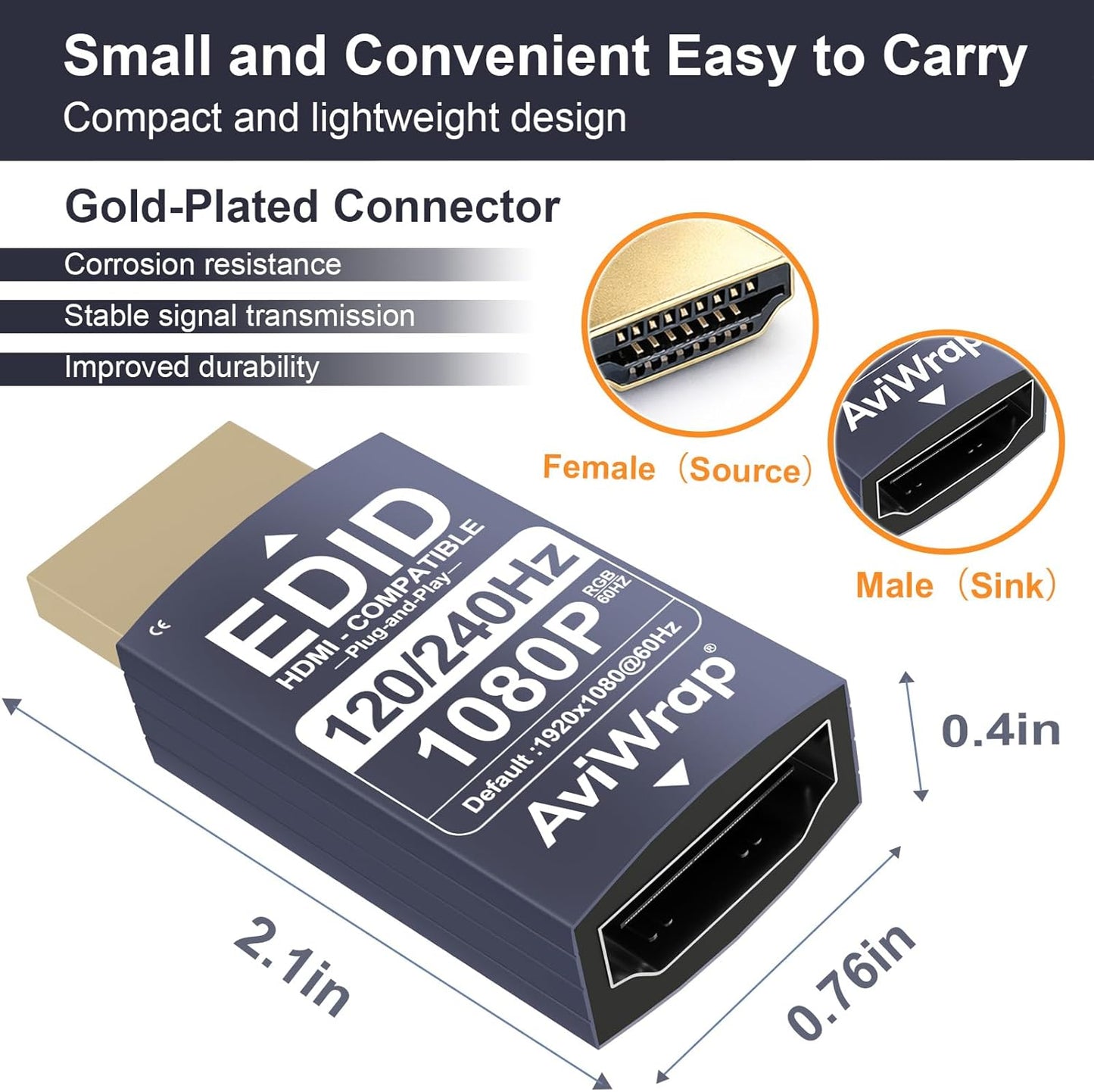 AviWrap 2.1 1080p@120Hz/144Hz/240Hz HDMI EDID Emulator Passthrough, HDMI Male to Female HDMI Adapter for Home Theater