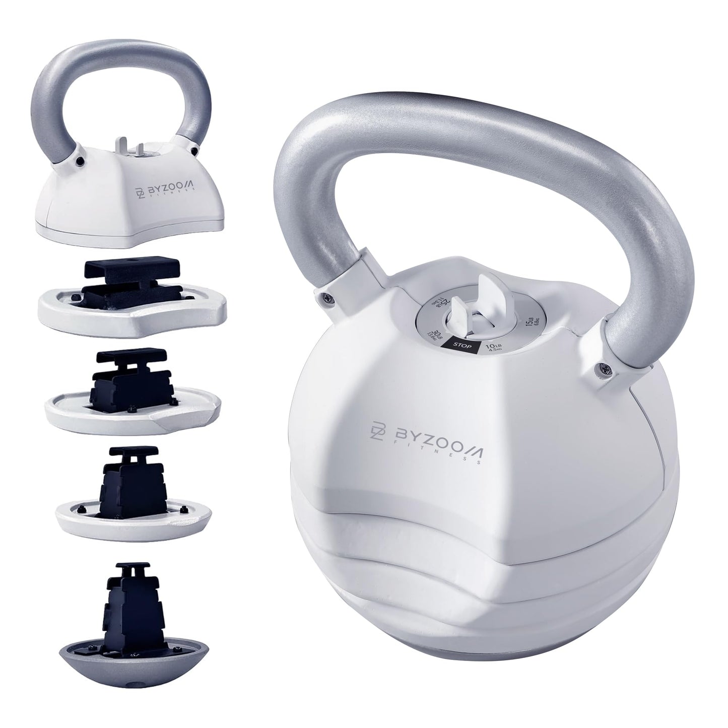 BYZOOM FITNESS Pure Series Adjustable Kettlebell 30LB - 5-IN-1 Weight Change, Patented Quick-Change Machenism, Ergonomic Curved Handle for Home Gym, Strength Training, HIIT, White