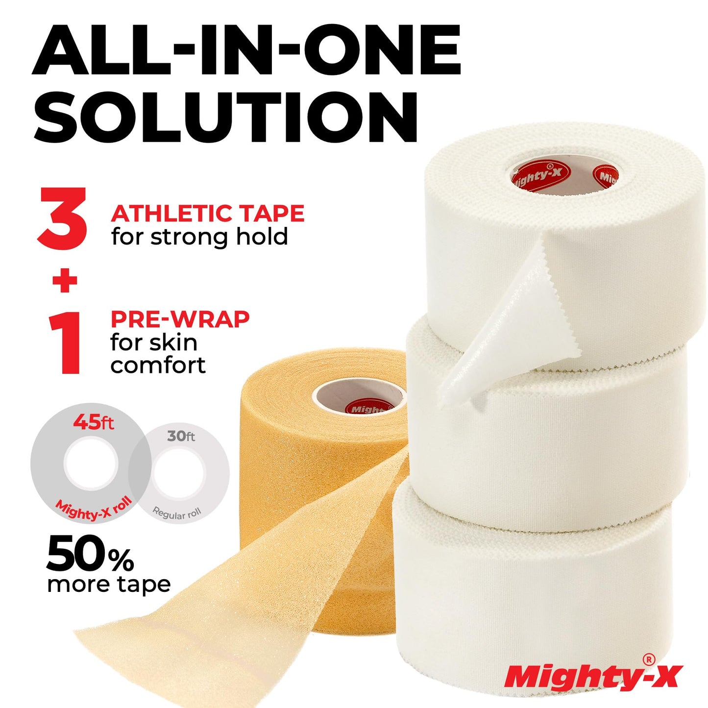 Premium White Athletic Tape for Injuries - 3 Pack with Pre-wrap - Easy Tear & No Sticky Residue - Sports Zinc Oxide Tape - Ankle, Wrist, Fingers - Ideal for Soccer, Gymnastics, Boxing