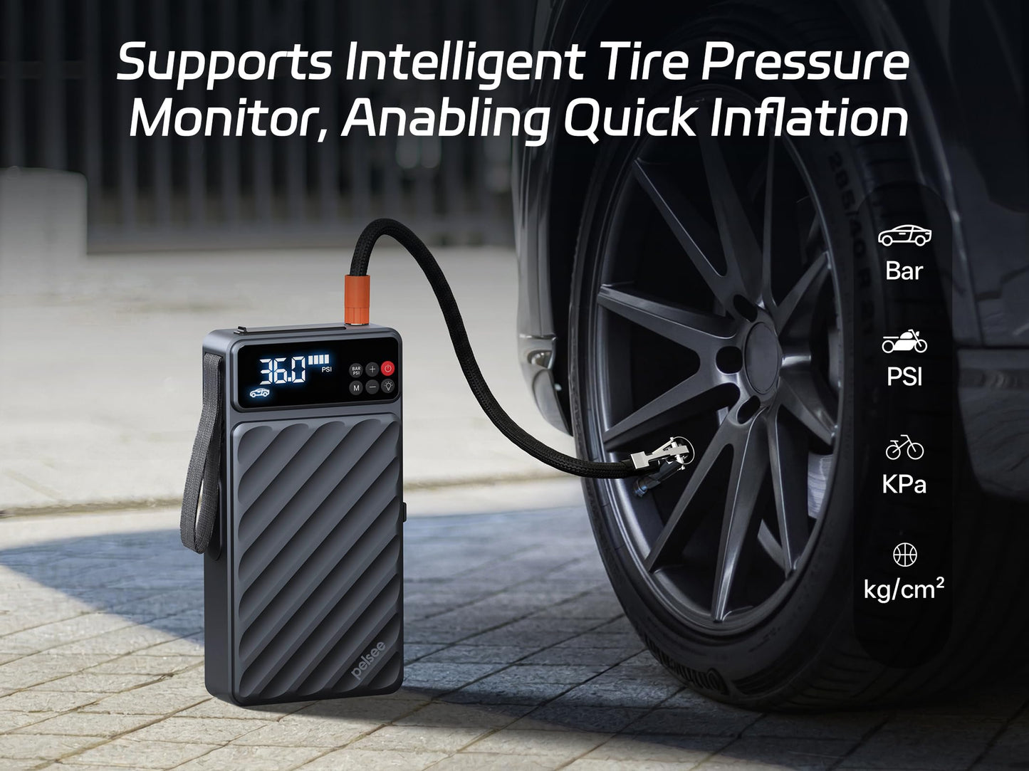 Pelsee 3500A Jump Starter with Air Compressor, 20000mAh Portable Car Battery Jump Starter, 45W Fast Charge, 12V Battery Pack(10L Gas 8L Diesel Engine)with Tire Pressure Monitor, Light,Jumper Cables,E1