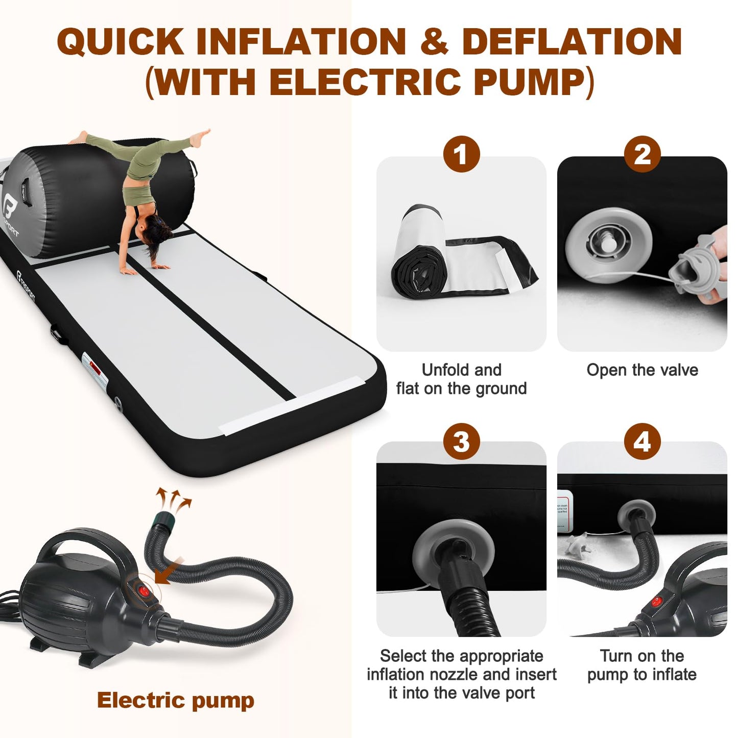 FBSPORT Inflatable Air Gymnastics Mat 4 inches Thickness and Air Roller 40x23.6 inches with Electric Air Pump 10ft Training Mats for Home Use Cheerleading Outdoor Training Park Yoga Beach Water (Black)