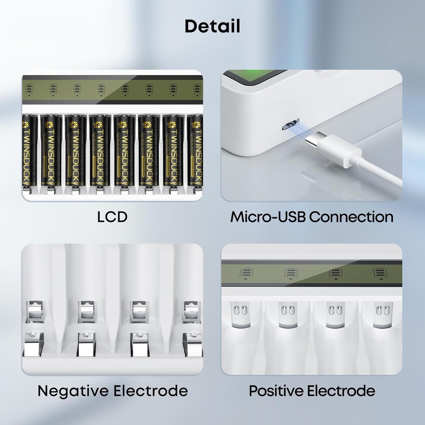 TWINSDUCK 8-Slot AA AAA Battery Charger, Smart LCD Display & Fast Charging for NiMH/NiCd (Micro USB Powered)