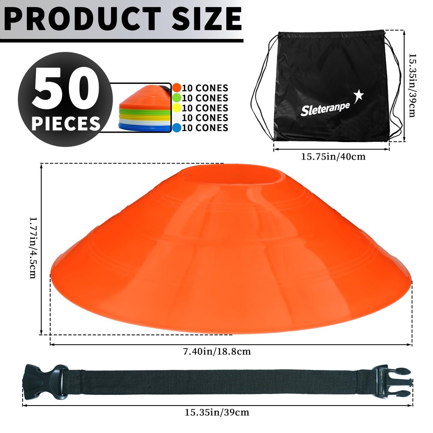 Sleteranpe Pro Disc Cones (Set of 50) – Soccer Cones for Training with Drawstring Bag & Strap – Agility Cones for Basketball, Football, and Sports Drills