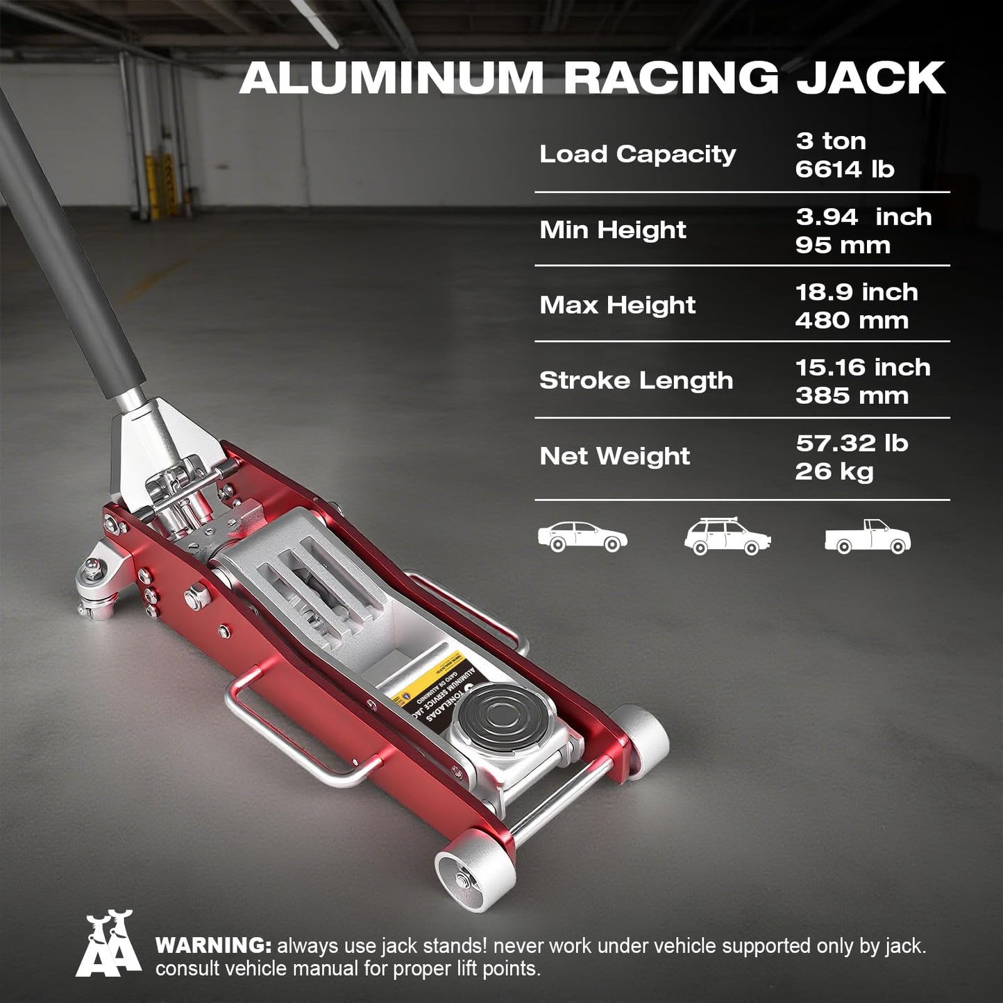 Big RED 3 Ton Low Profile Full Aluminum Racing Floor Jack with Dual Piston Quick Lift Pump, 6000 lb Capacity, Lift Range 3.74"-18.90", Lightweight Design, Red
