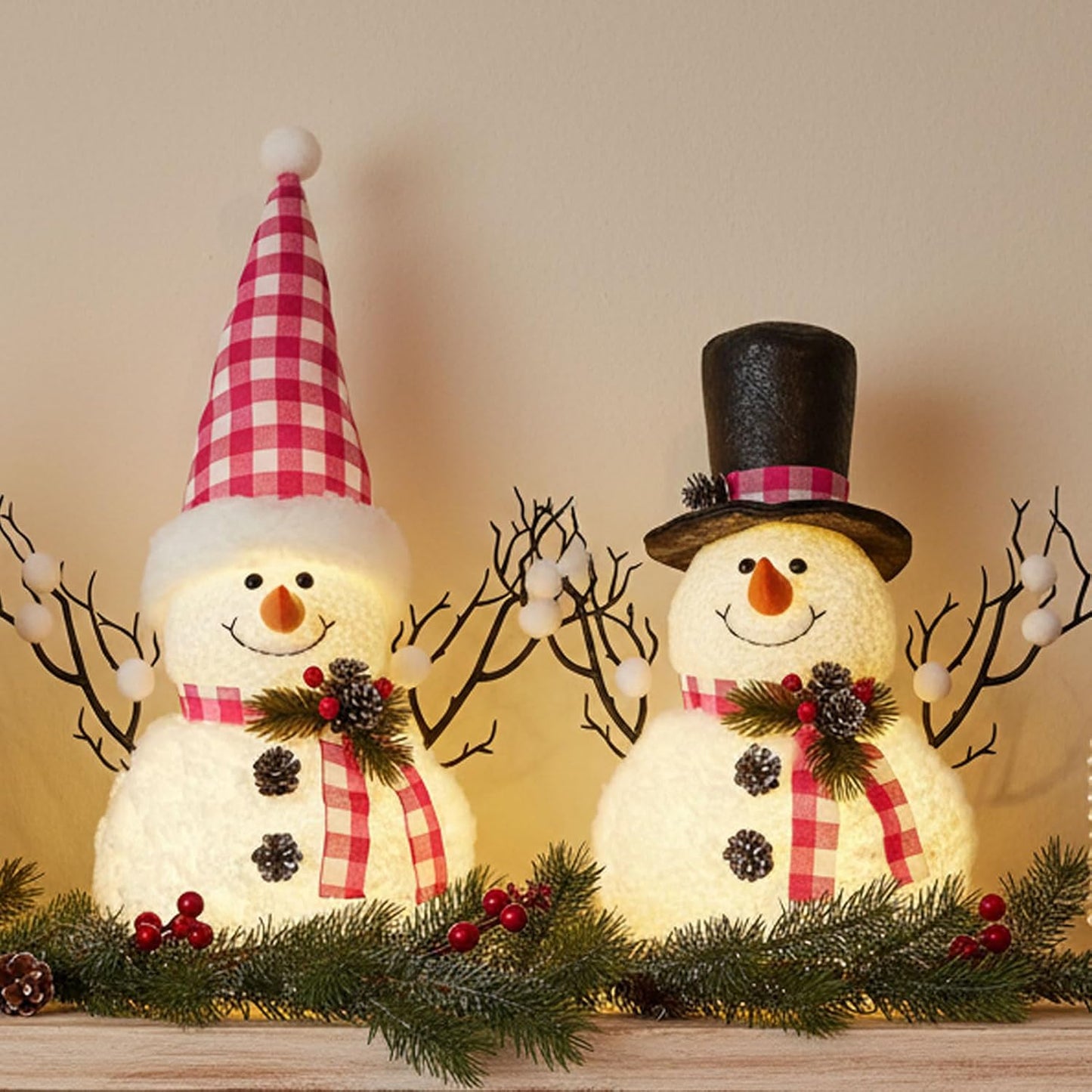 Skiennix Lighted Plush Snowmen Figurines - 14" Christmas Table Decorations | Battery Operated Holiday Ornaments