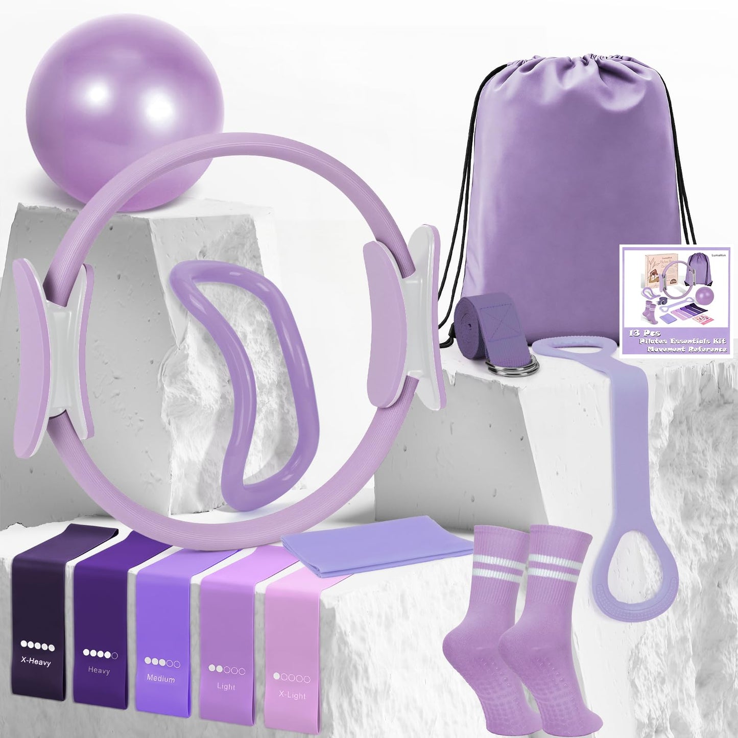 Pilates Kit for Women 13PCS, Pilates Ring and Ball Set with Magic Circle, Resistance Bands Set, Figure 8 Band, Yoga Ring & Grip Socks, Home Workout Equipment Essentials Starter Kit for Beginners