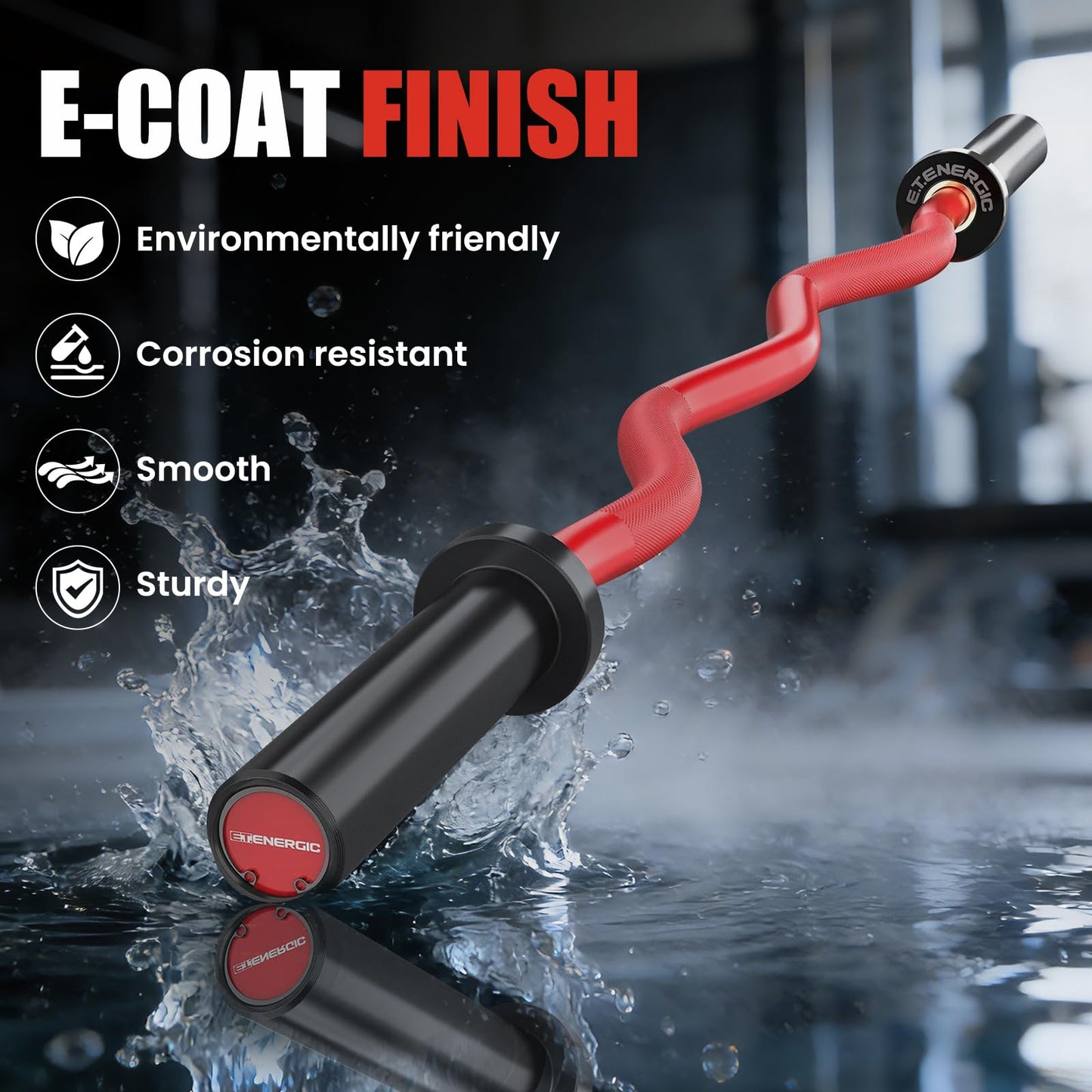 E.T.ENERGIC 47" Curl Bar Olympic EZ Bar 500-lbs Capacity Steel Barbell Suitable for 2" Barbell Plates, Black Sleeve Red Shaft