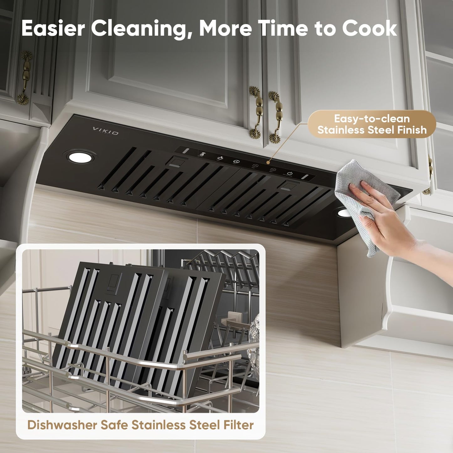 VIKIO HOME Black Built-in/Insert Range Hood 30 Inch, 980 CFM Hood Vent for Kitchen, Ducted/Ductless Convertible Duct, Stainless Steel Kitchen Vent Hood with Gesture & Touch Control, 2 Baffle Filters