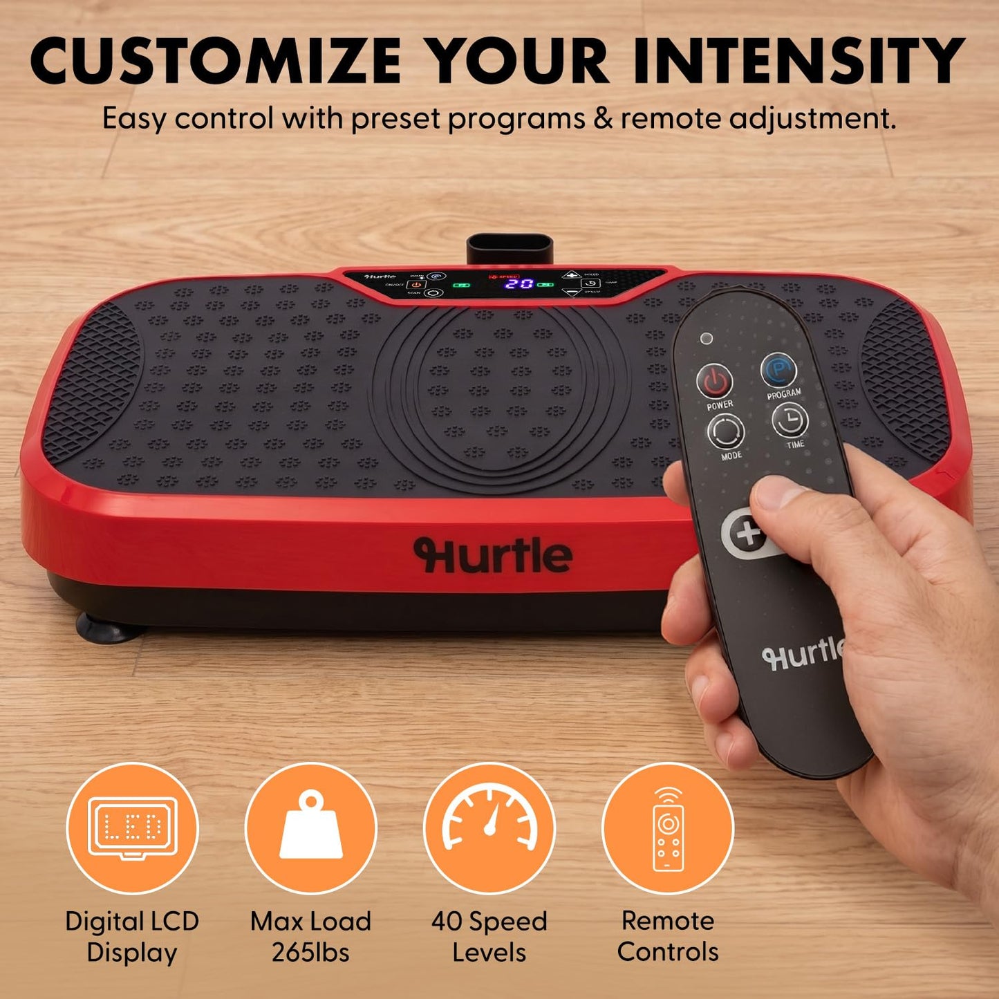 Hurtle Vibration Plate Exercise Machine, Portable Vibration Plate with Handles and 1-99 Speed Levels, 10 Preset Programs, Quiet Low-Impact Home Fitness Platform with Remote Control, Red