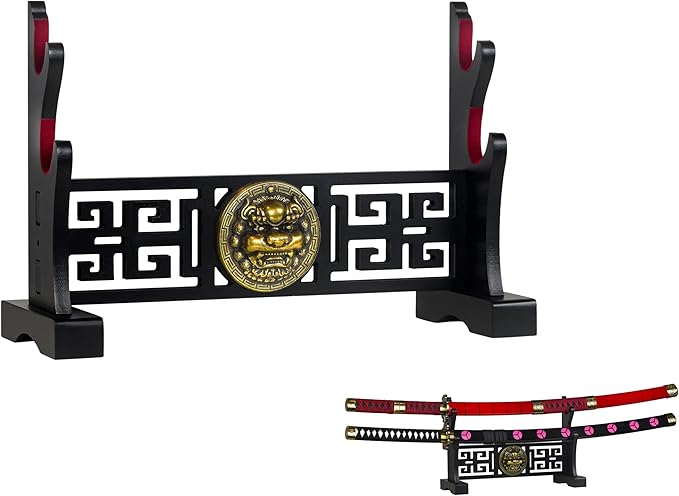 Logest Sword Stand - 4 Tier Options Available - Crafted Using Wood Katana Holder - Furnished in Black With a Gold Lion?™s Head - Desirable Sword Display Gift Option - Sword Holder Katana Stand (2-Tier)