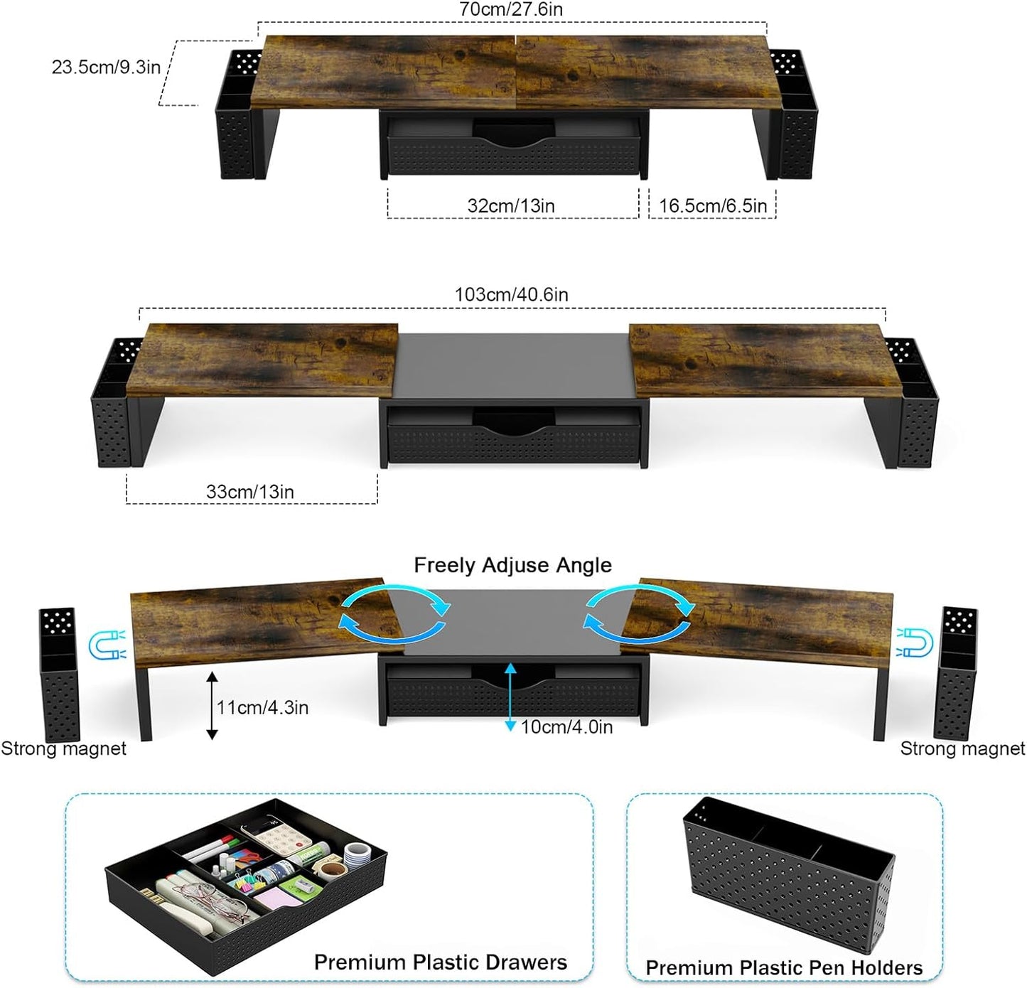 2 Spacrea Metal Desk Organizers and Accessories, Dual Monitor Stand Riser with Drawer and Pen Holders, Desk Accessories