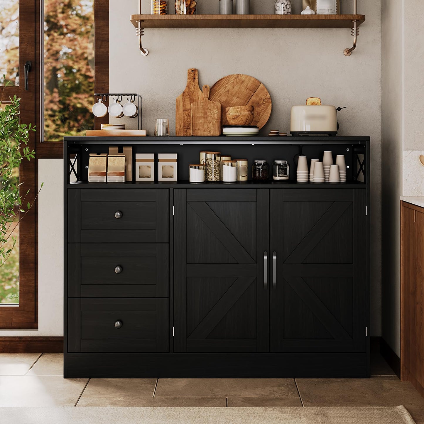 IDEALHOUSE 47" Buffet Cabinet Sideboard, Farmhouse Coffee Bar with Open Shelf, 2 Doors and 3 Drawers, Wood Wine Bar Storage Cabinet with Built-in Charging Station for Dining Room Living Room- Black