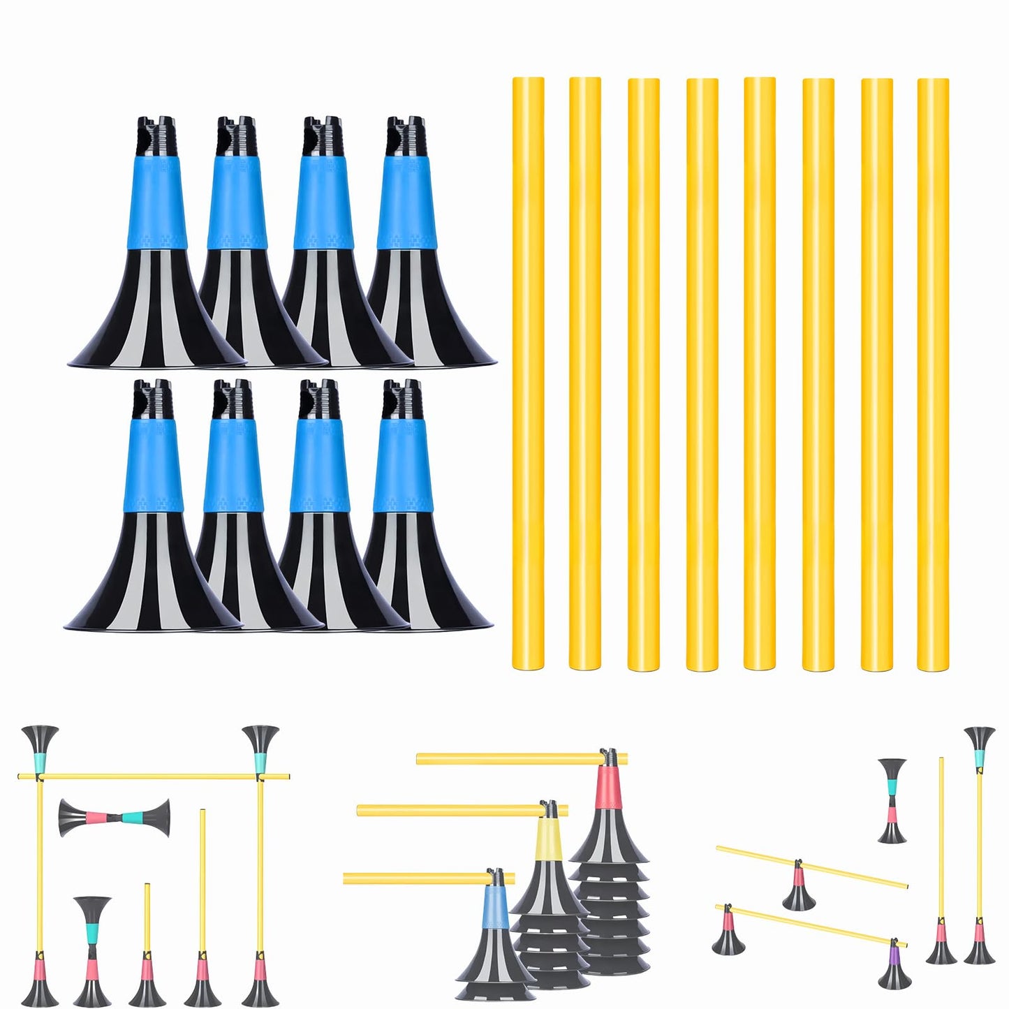 Basketball Training Cones and Agility Poles Set, 8pcs Cones with Anti-Slip Silicone Sleeve & 8pcs 19.7" Poles, Heavy Duty Soccer Training Equipment for Dribbling Drills and Speed Hurdles (Blue)