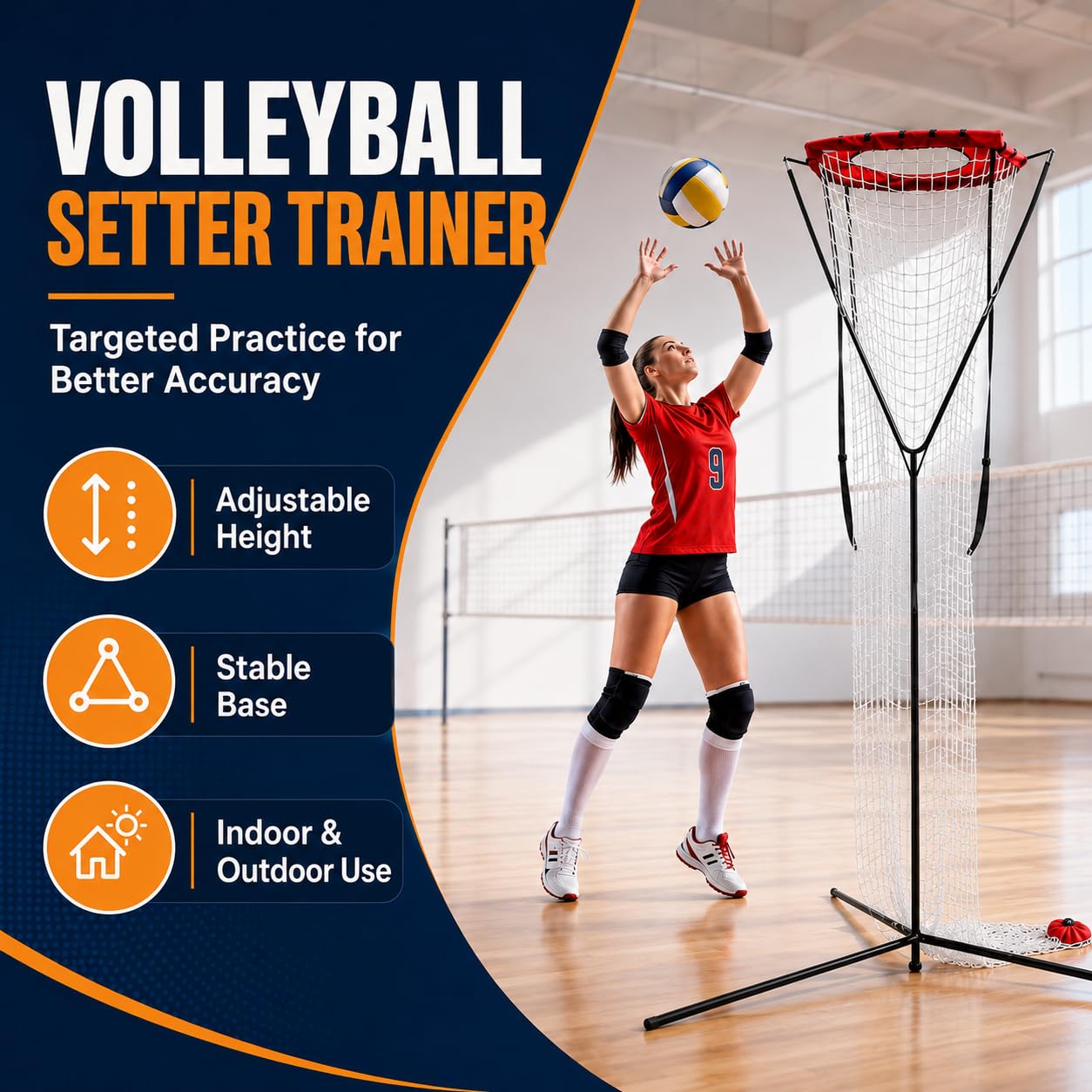 SCHENG-V Volleyball Setting Net, Setter Volleyball Training Net 7.5-11.5 FT Adjustable Height, 45°-180° Adjustable Angle, Stable Base for Indoor Outdoor Practice Equipment