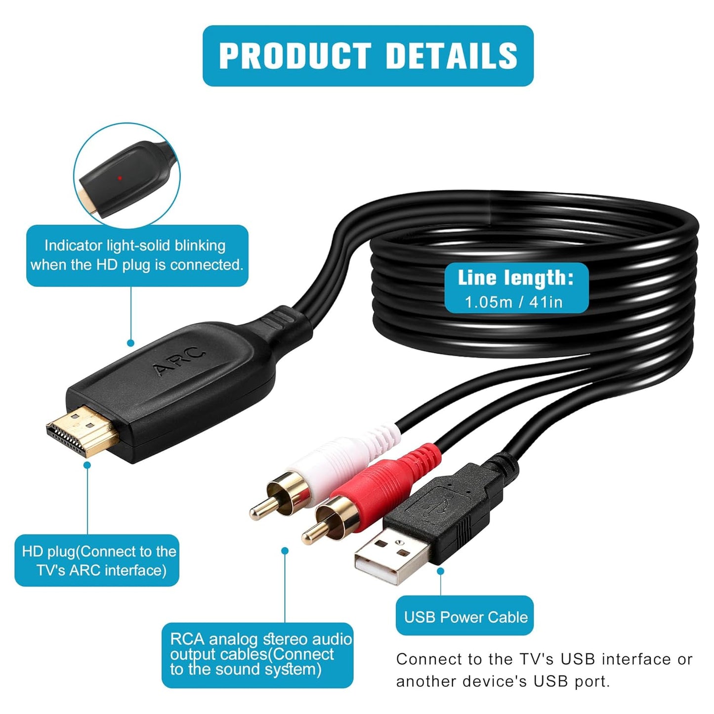 192KHz 3.4ft/1.05m [PCM HDMI ARC to RCA Audio Converter for TV to Soundbar, Plug & Play ARC to L/R Stereo RCA Male