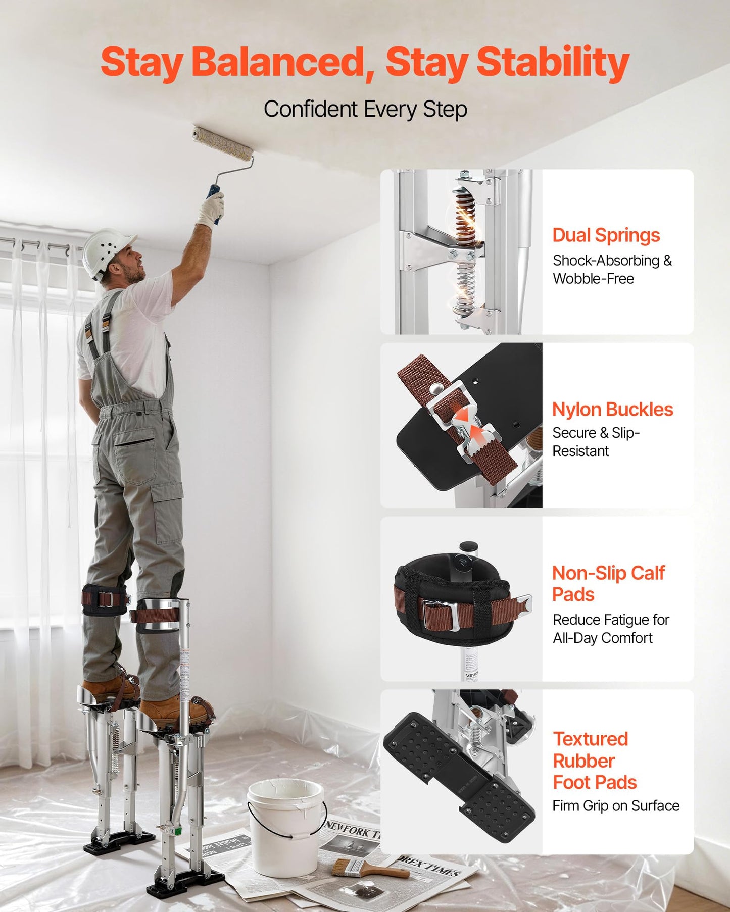 VEVOR Drywall Stilts, 16.1–24.1 in Adjustable Aluminum Painter Stilts, 228 lbs Load Capacity, Non-Slip Rubber Feet, Dual Spring Shock Absorption, Comfortable Leg Straps for Painting, Decoration,Silver