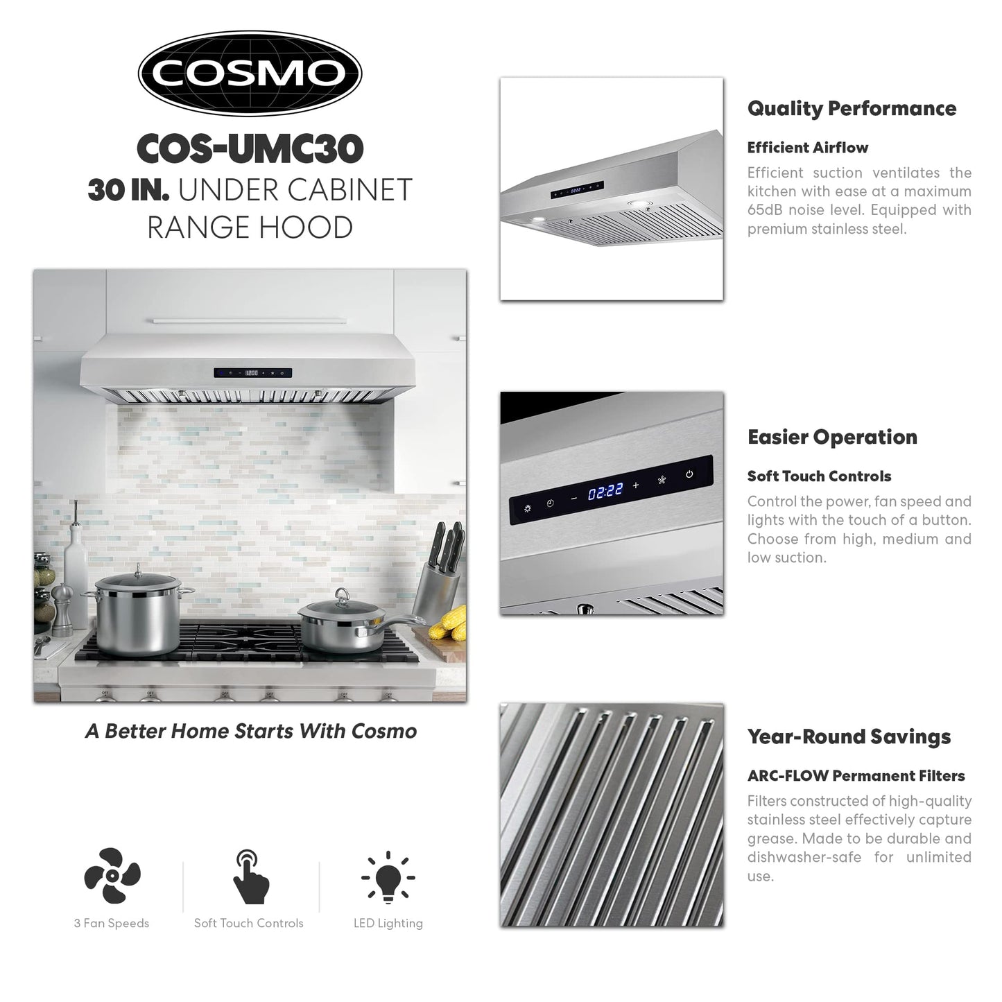 COSMO UMC30 30 in. Haven Collection 380 CFM Ducted Under Cabinet Range Hood, LED Lights, Touch Controls, Stainless Steel