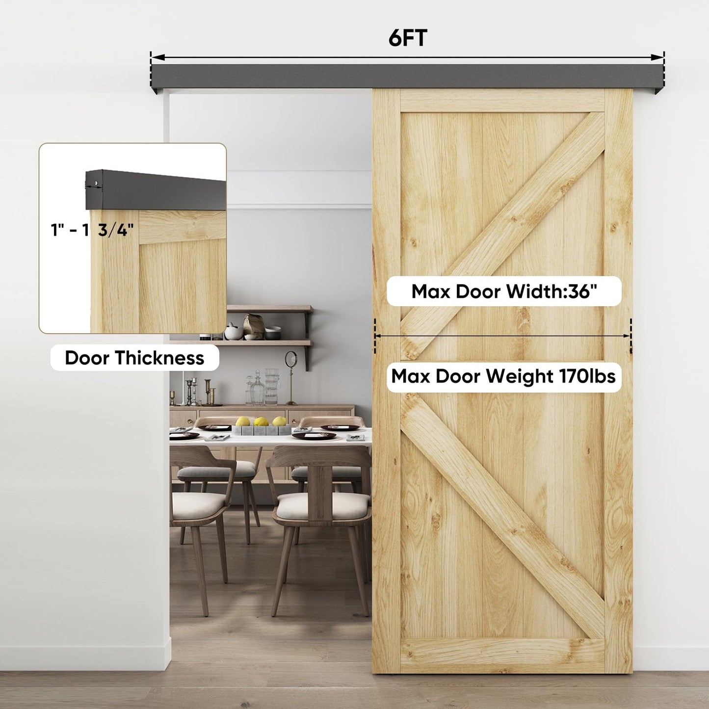 JUBEST 6FT Barn Door Hardware Kit, Aluminium Alloy Box Rail Hardware, Low Clearance Sliding Door Track for Classic Modern Interior Single Wooden Door,Black