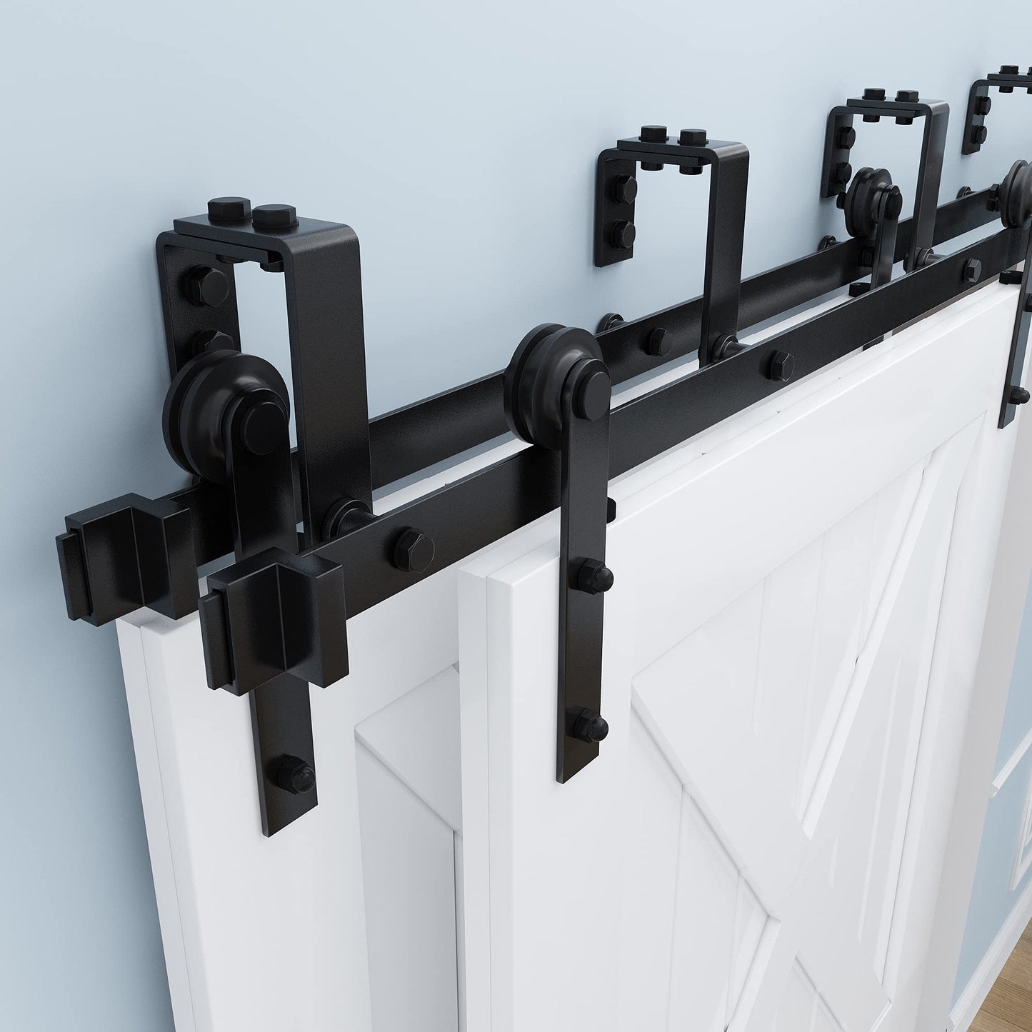ZEKOO 10FT Double Track Bypass Sliding Barn Door Hardware Kit for 2 Doors, Bypass Barn Door Track Kit, Low Ceiling, Easy Instal, I Shape Hanger, Fit 60" Wide Door Panel