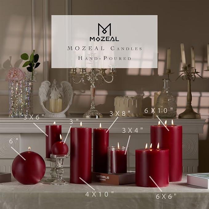 MOZEAL 4" x 10" Extra-Large Dark Red Pillar Candles (Set of 2), Unscented,Dripless, Smokeless,Long Clean-Burning,These Tall 10 inch Large Red Pillar Candles Perfect for Weddings and Christmas Decor