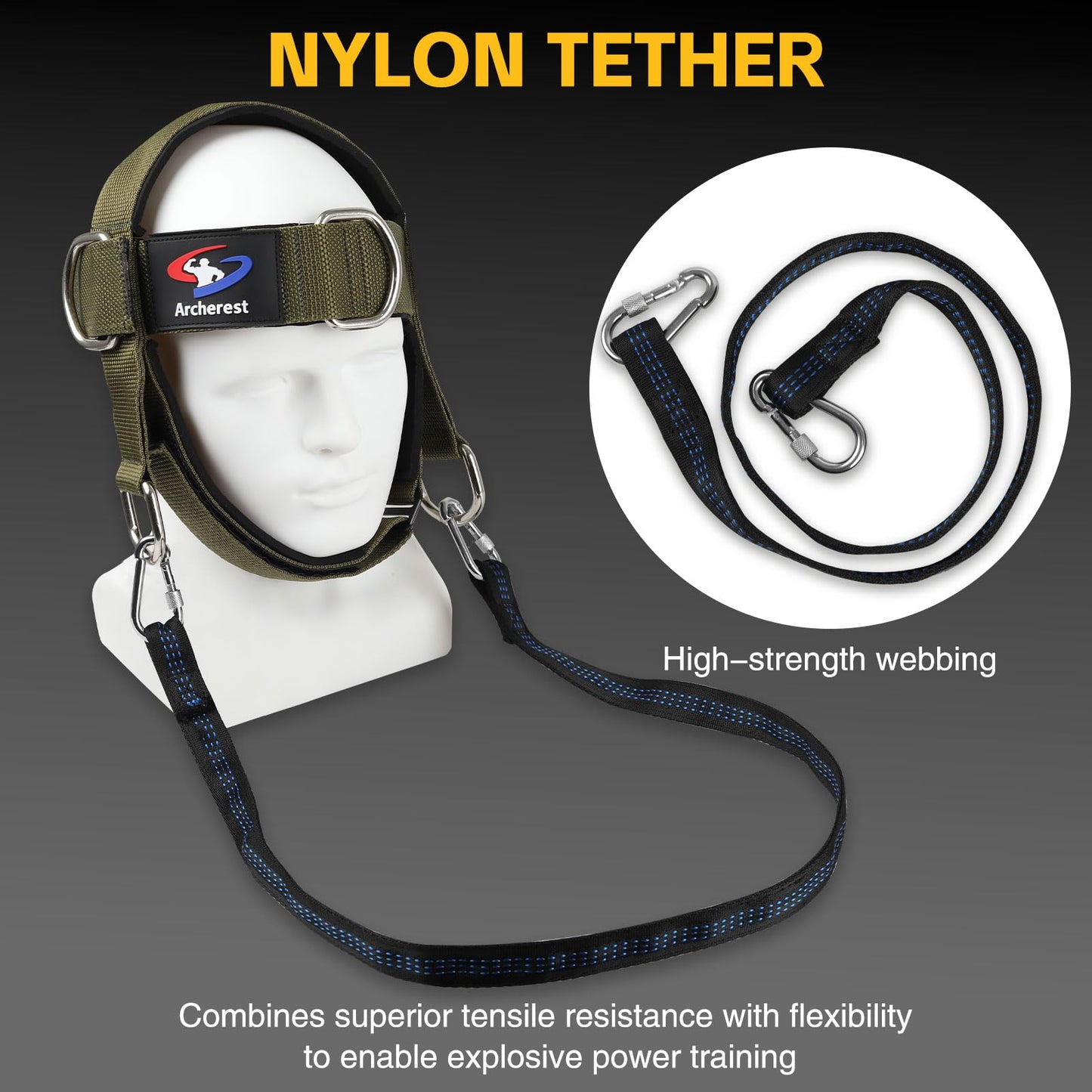 Fitness Neck Head Harness Trainer, Adjustable Chin Strap and Head Harness Strength with Nylon Tether, Neoprene Neck Exerciser for Weight Lifting, Home and Gym Use, Green