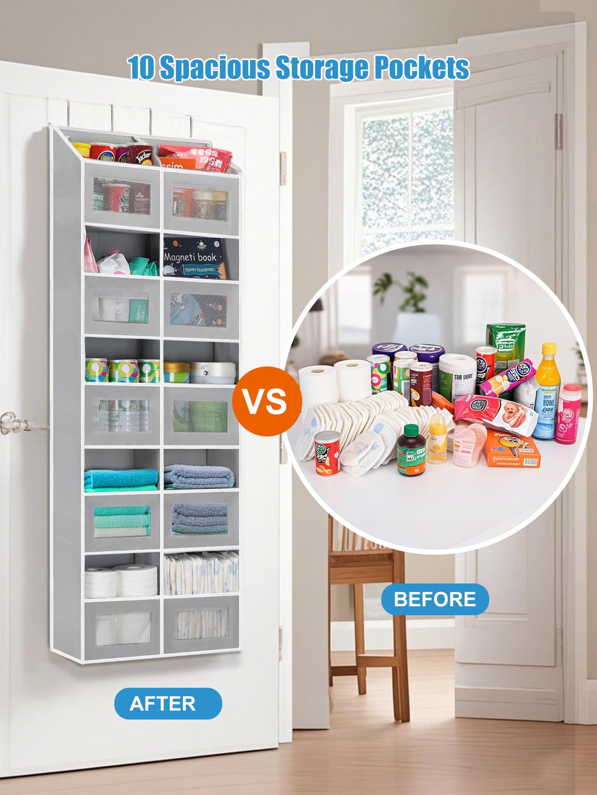 Over the Door Organizer Hanging- 10 Compartments, 80 lbs Load Behind Door Stuffed Animal Storage, Extra Large Toys Storage Organization for Bedroom, Bathroom, Closet, Nursery, Shoes, Diaper (grey)