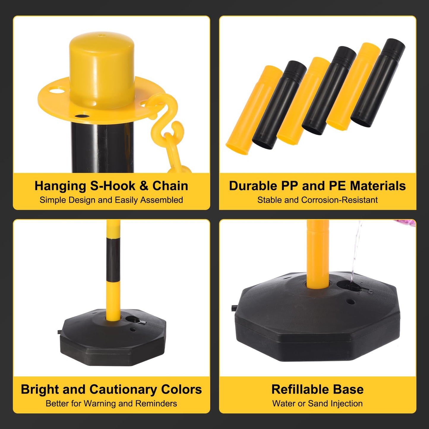 PATIKIL 6Pcs Traffic Delineator Post Barrier with Fillable Base, 5ft Plastic Chain Safety Barriers for Outdoor Indoor Crowd Control Stanchion Construction Parking Lot, Black/Yellow