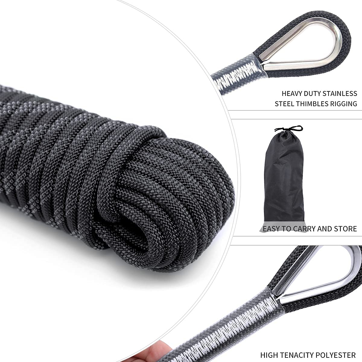Outdoor Climbing Rope 12MM Diameter 10M(32ft) 20M(64ft) Static Rock Climbing Rope,Tree Climbing Rappelling Rope,Escape Nylon Rope,Ice Climbing Equipment Fire Rescue Parachute Rope with 2 Steel Hooks