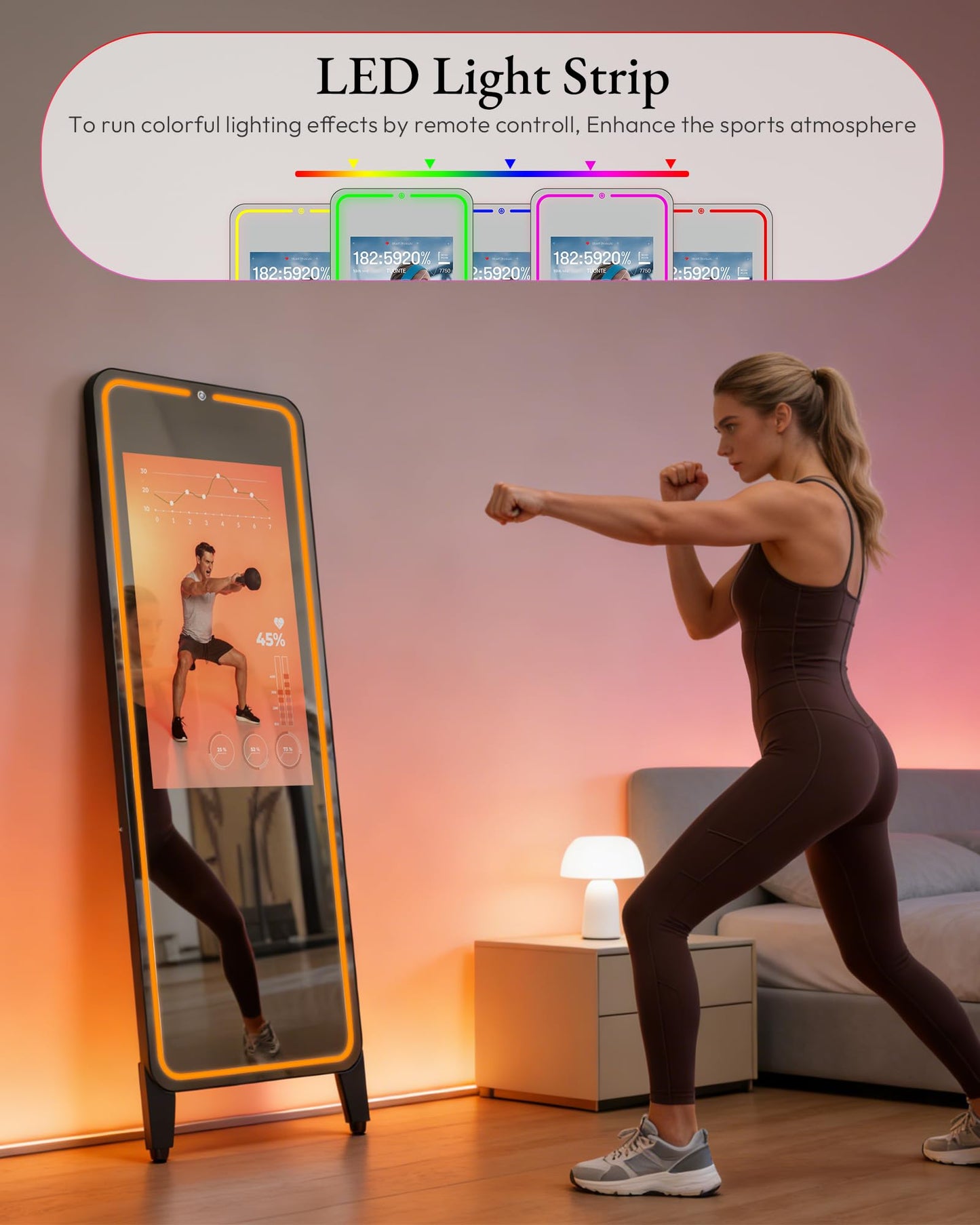 HARZHI 32 Inch Smart Gym Mirror, HD Touch Screen, Android OS, No VIP Fees, Voice Control, Music Sync LED Light Strip, Perfect for Home Gym/Yoga