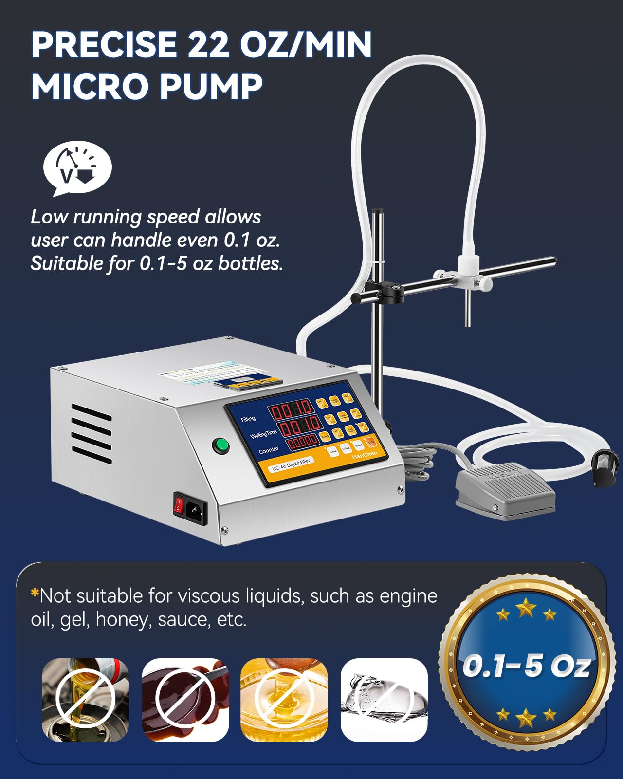 Hanchen Liquid Filling Machine Peristaltic Pump 5 Oz Automatic Bottle Filler Digital Control Cosmetic Oil Filler for Perfume, Water, Juice, Thick Eessential Oil (1 Head)