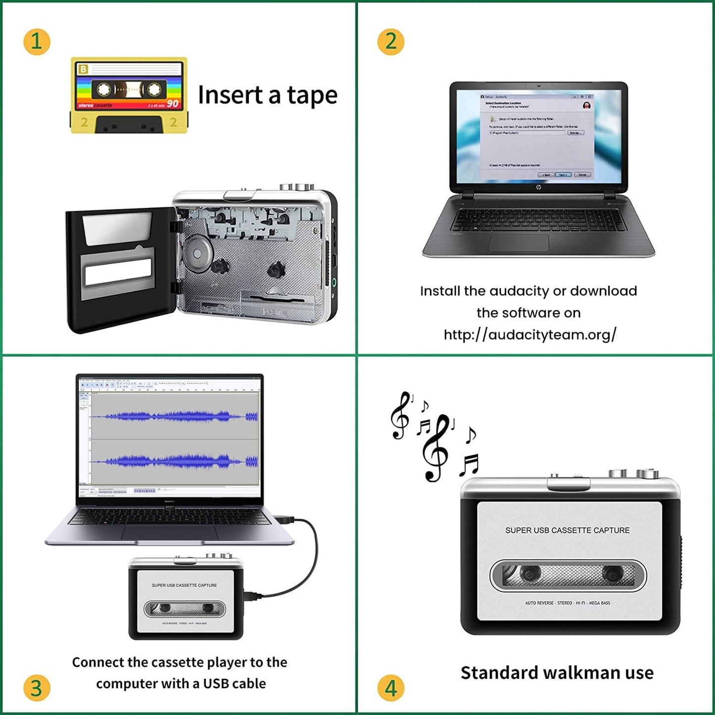 Cassette Cassette Cassette Reshow Tape Player Portable Tape Player Audio to Digital Converter, Compatible with Laptops