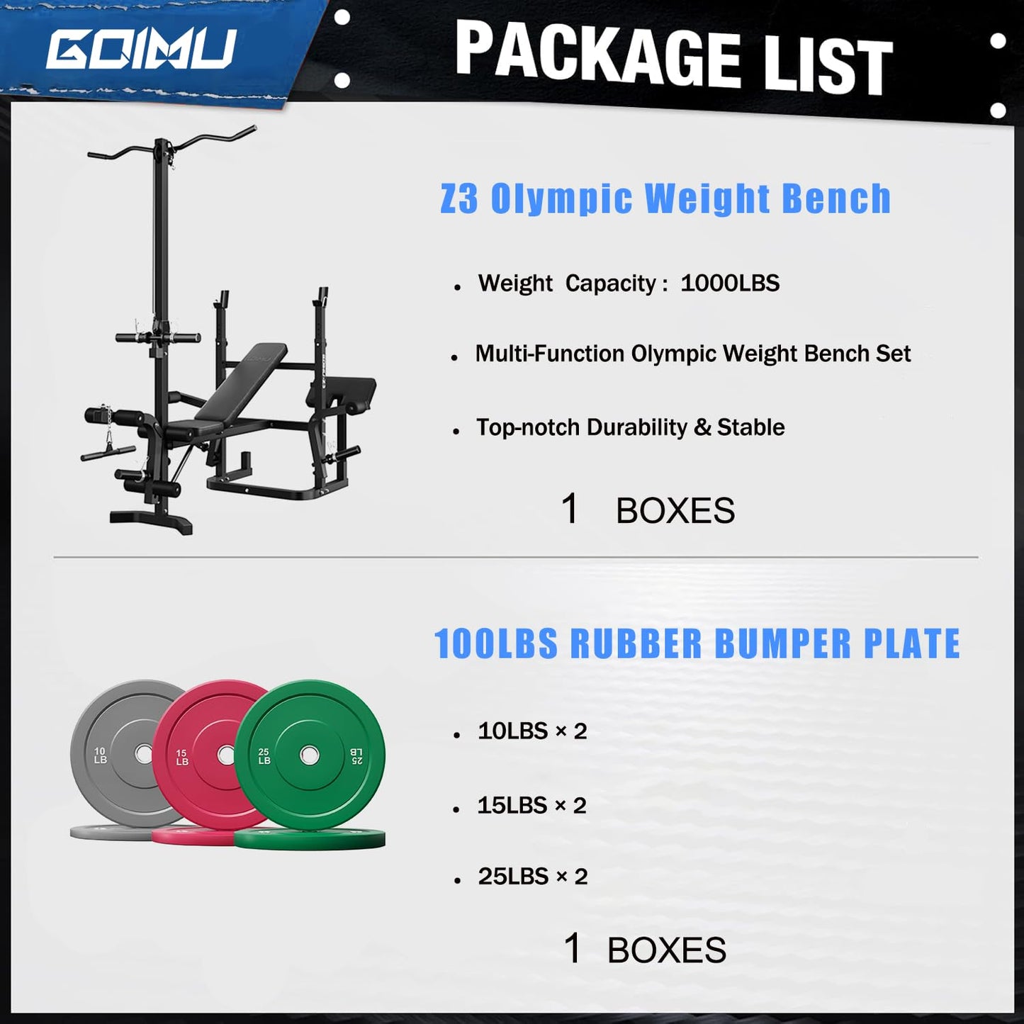 Goimu Z3 900LBS Olympic Weight Bench Set with Leg Extension, 9 in 1 Workout Press with Preacher Curl Pad and LAT Pulldown, Strength Training Bench for Home Gym (100lbs Colorful Plates and Bench)