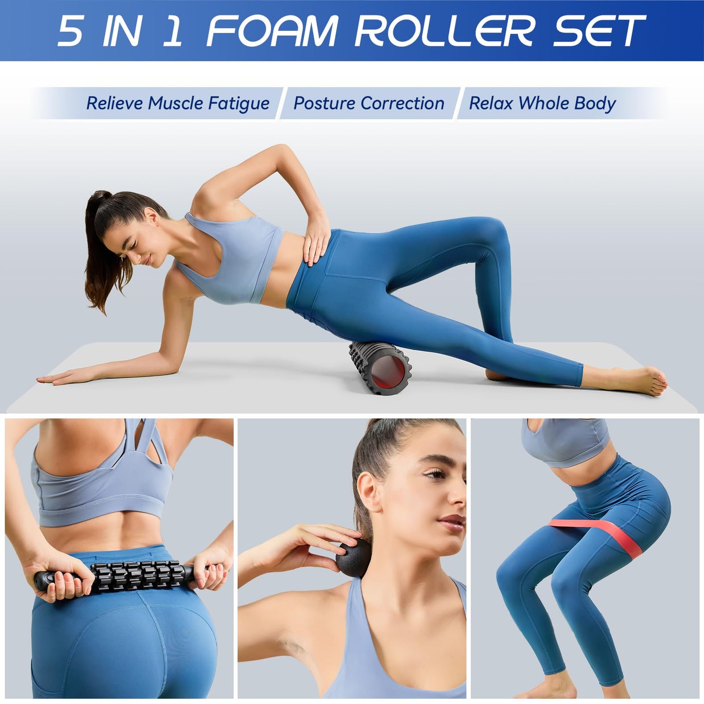 Krightlink 5-in-1 Foam Roller Set, Massage Roller Stick, Massage Ball, Resistance Band for Deep Muscle Massage, Trigger Point Release, Pilates, Yoga (Black-18(5 in 1))