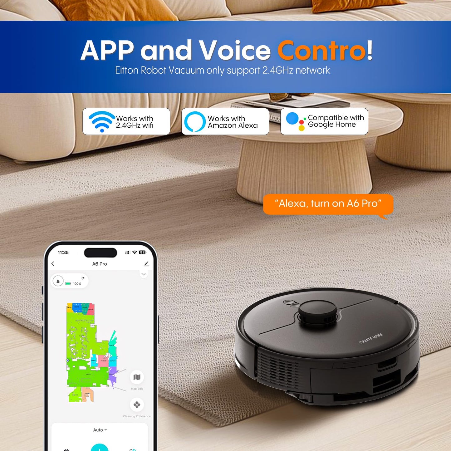 eitton Robot Vacuum and Mop Combo, 5000Pa Powerful Suction, Advanced Smart Mapping, Ideal for Pet Hair, Dust