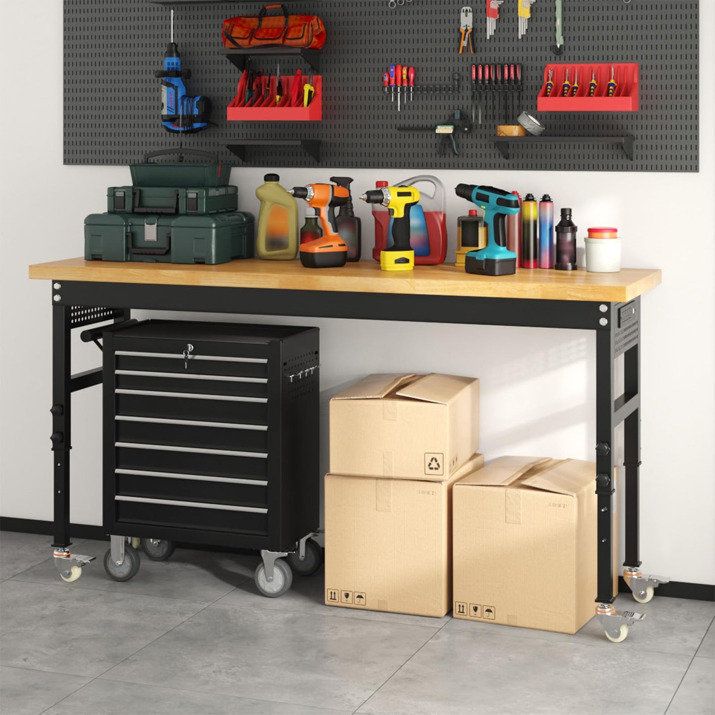 Pelnuies 70" Heavy Duty Solid Wood Work Bench with Pegboard, Adjustable Height Workbench with Wheels and Power Outlets, 2000 LBS Capacity Work Table for Garage, Workshop, Office, Home