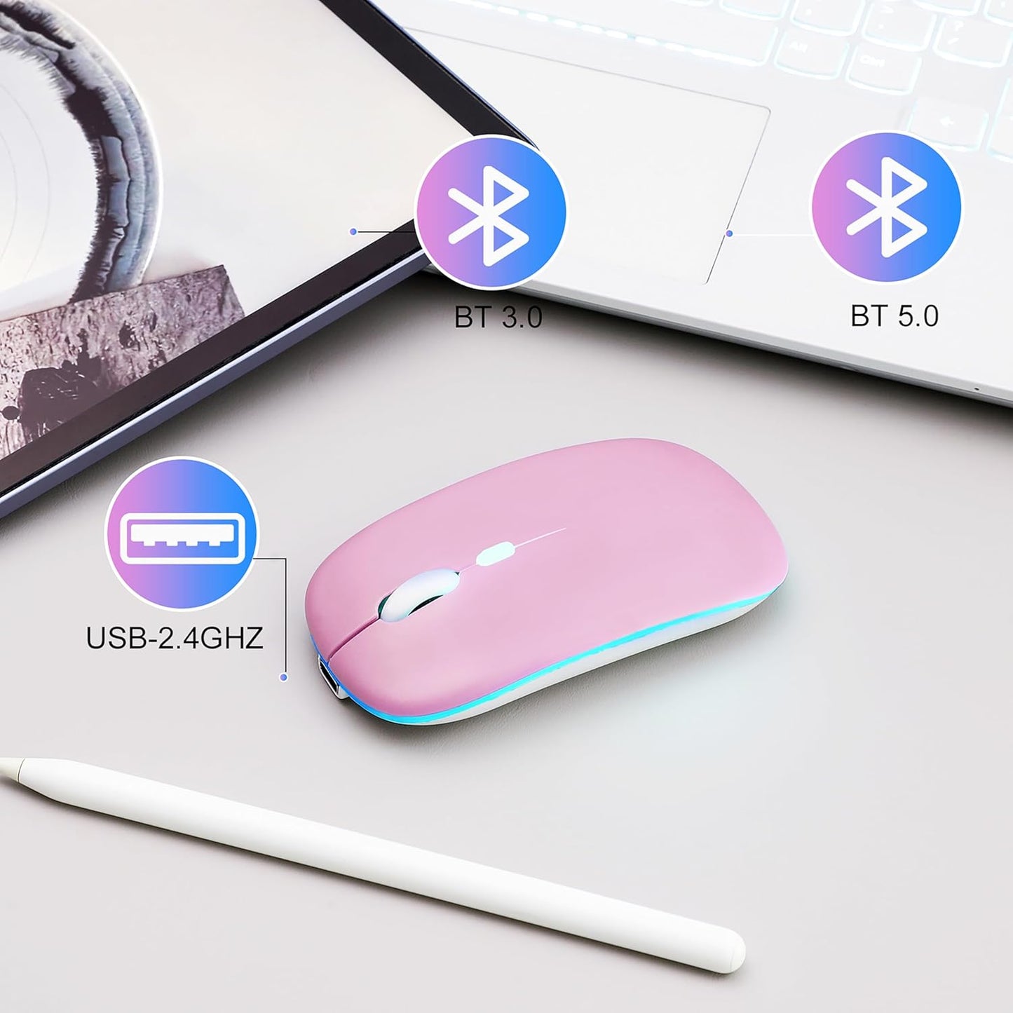 AZTZATZ 5.2 2.4G Wireless Bluetooth Mouse Rechargeable Long Lasting Dual Mode - BT & Silent RGB LED Mice, Slim Portable