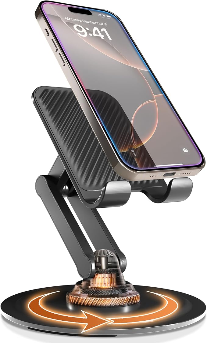 COOPER 360° Stand, Rotating Cell Phone Stand for Desk | Sturdy Metal Base, Foldable, Portable | Cell Phone Holder for Desk (Piano Black)
