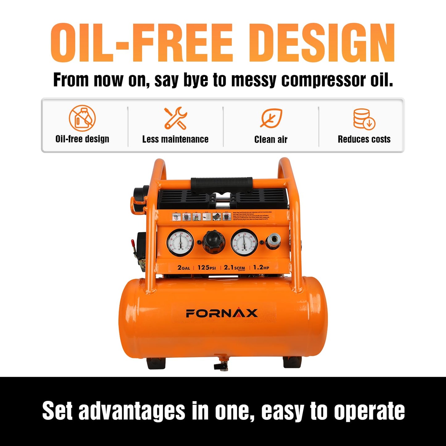 FORNAX Air Compressor Portable 2 Gallon, 1.2 HP 2.1 SCFM@ 90 PSI Oil Free, Max Pressure 135 PSI, 65 dB Silent Air Compressor for Auto Repair, Tire Inflation, Airbrushing, Nailing