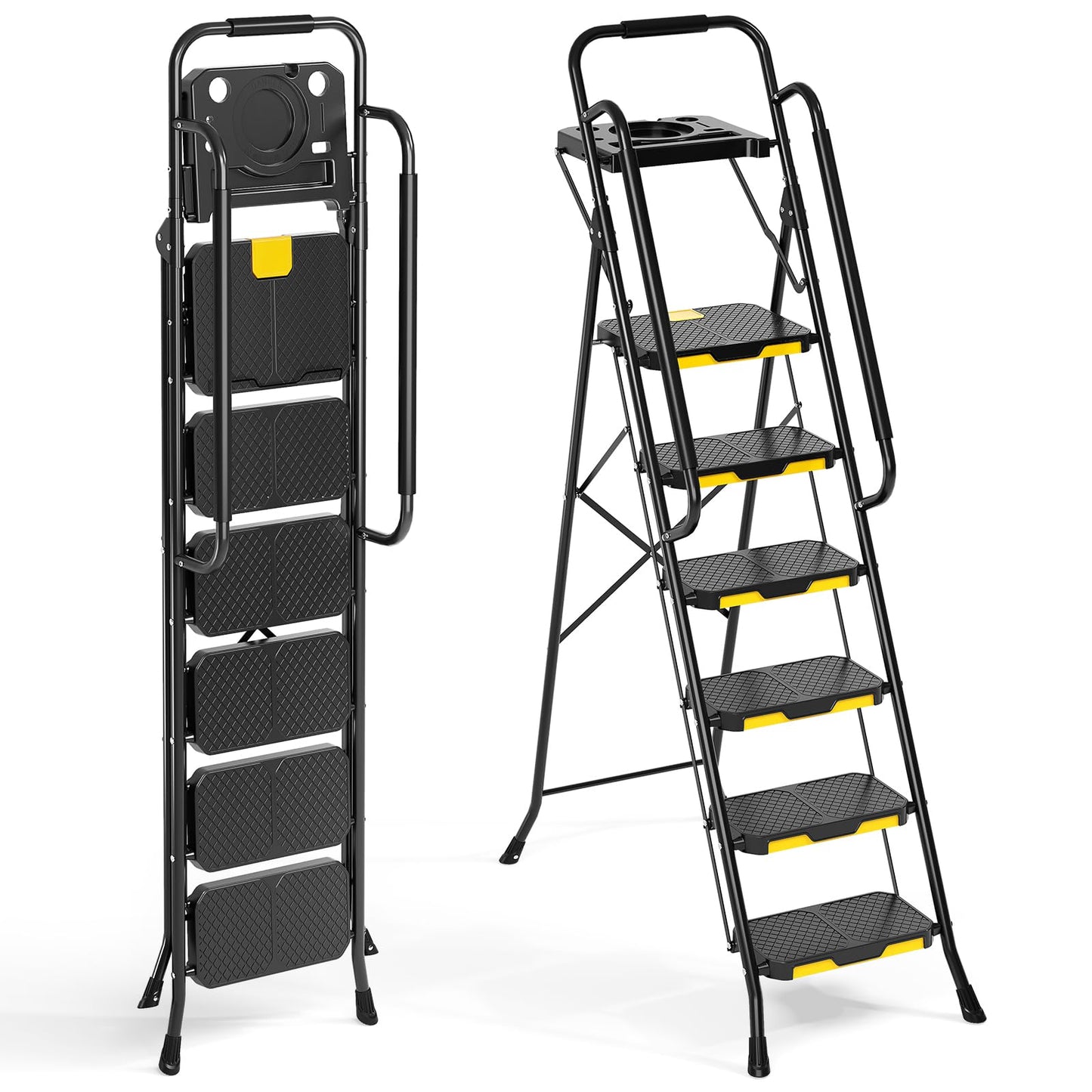 Urackify 6 Step Ladder with Tool Platform, Folding Step Stool with Handrails, Sturdy Steel Ladder with Wide Pedal, 800 LBS Portable Safety Ladder for Painting Home Outdoor Garage